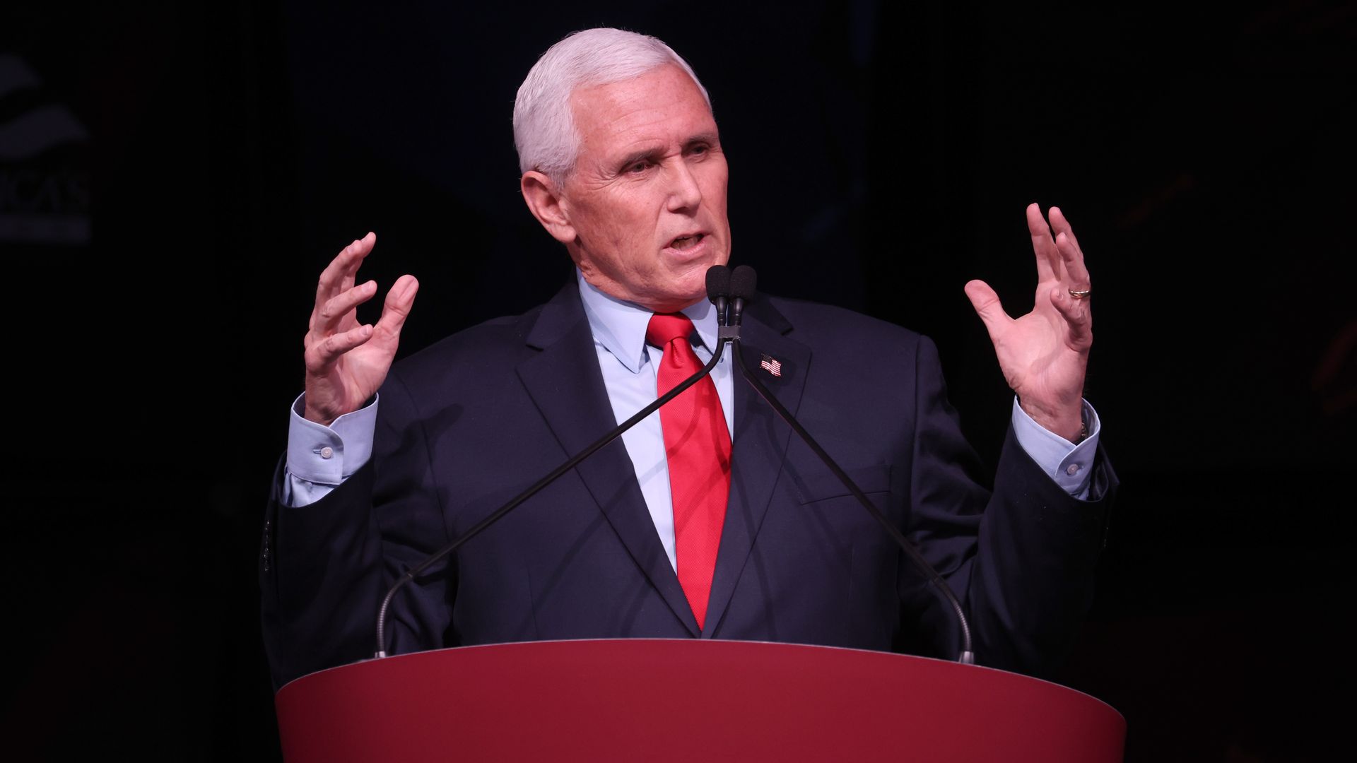 Former Vice President Mike Pence speaking at Stanford University on Feb. 17.