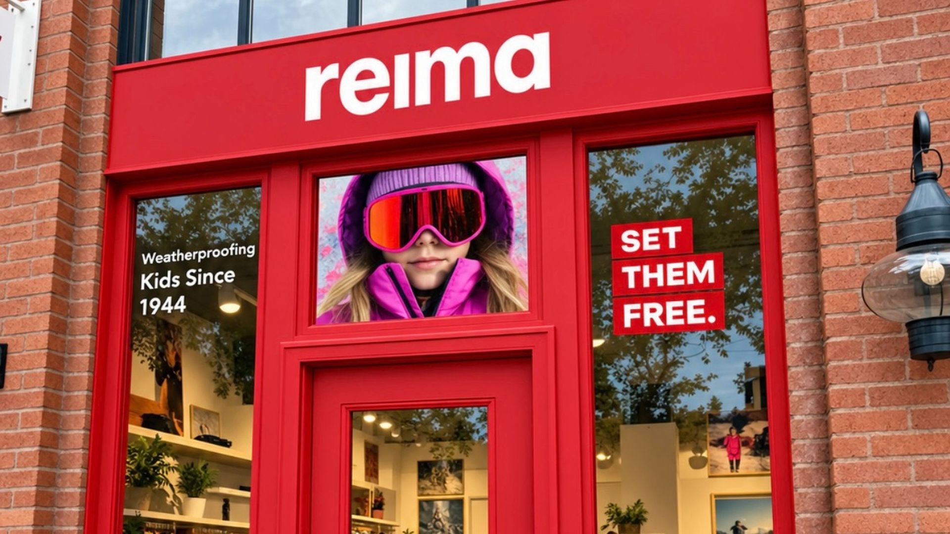 Red storefront with a reima sign. Window shows a child in purple snowsuit and pink goggles; texts read "Weatherproofing Kids Since 1944" and "SET THEM FREE." Inside, clothing on racks.