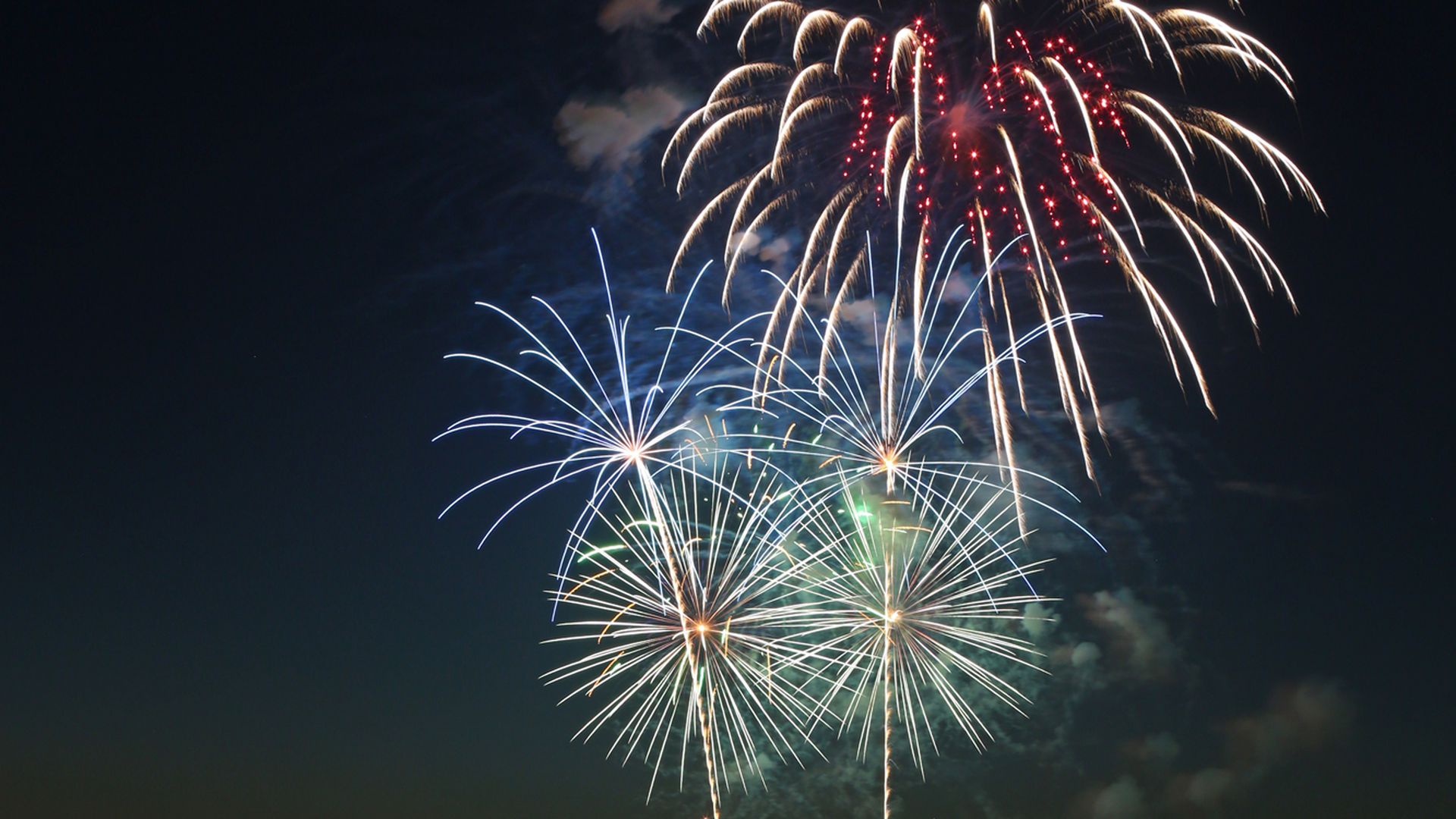 Colorful fireworks explode in the night sky.
