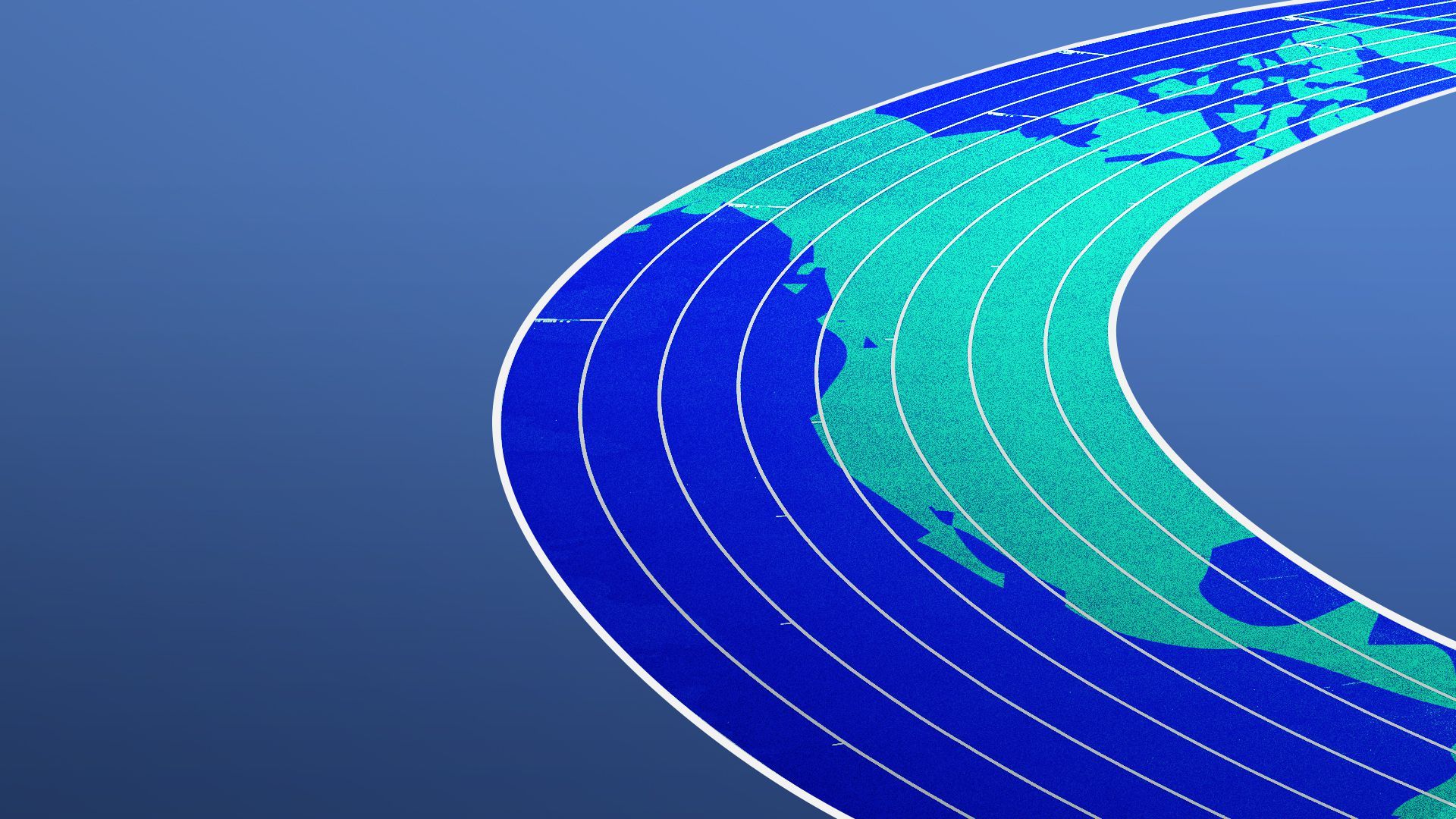 Illustration of a running track resembling Earth with shapes of continents printed on the rubber