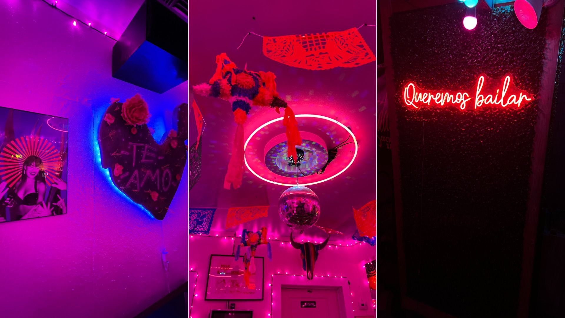 Triptych of a neon pink room: left wall art with flowers, center ceiling decor around a pink ring light and disco ball, right panel shows a red neon sign reading "Queremos bailar" on a dark textured wall.