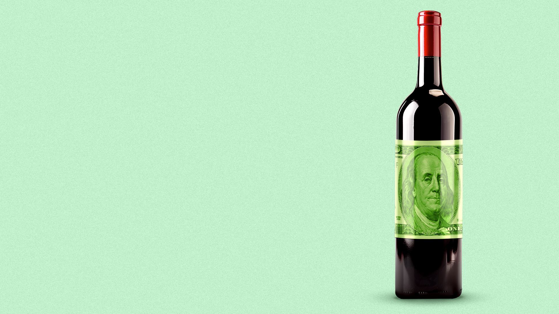 Illustration of a wine bottle with a hundred dollar bill as the label. 