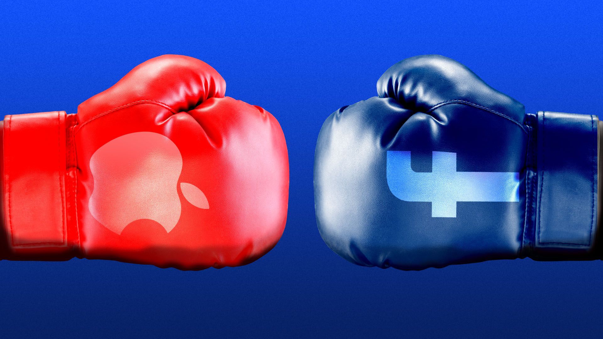 Illustration of two different colored boxing gloves with the facebook and apple logos on them