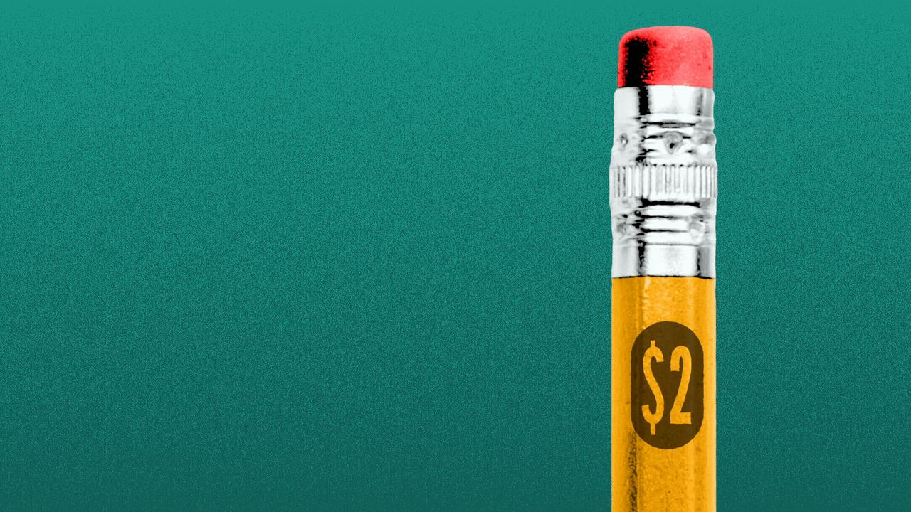 Illustration of a pencil with a price that moves up to $9 instead of the number 2.