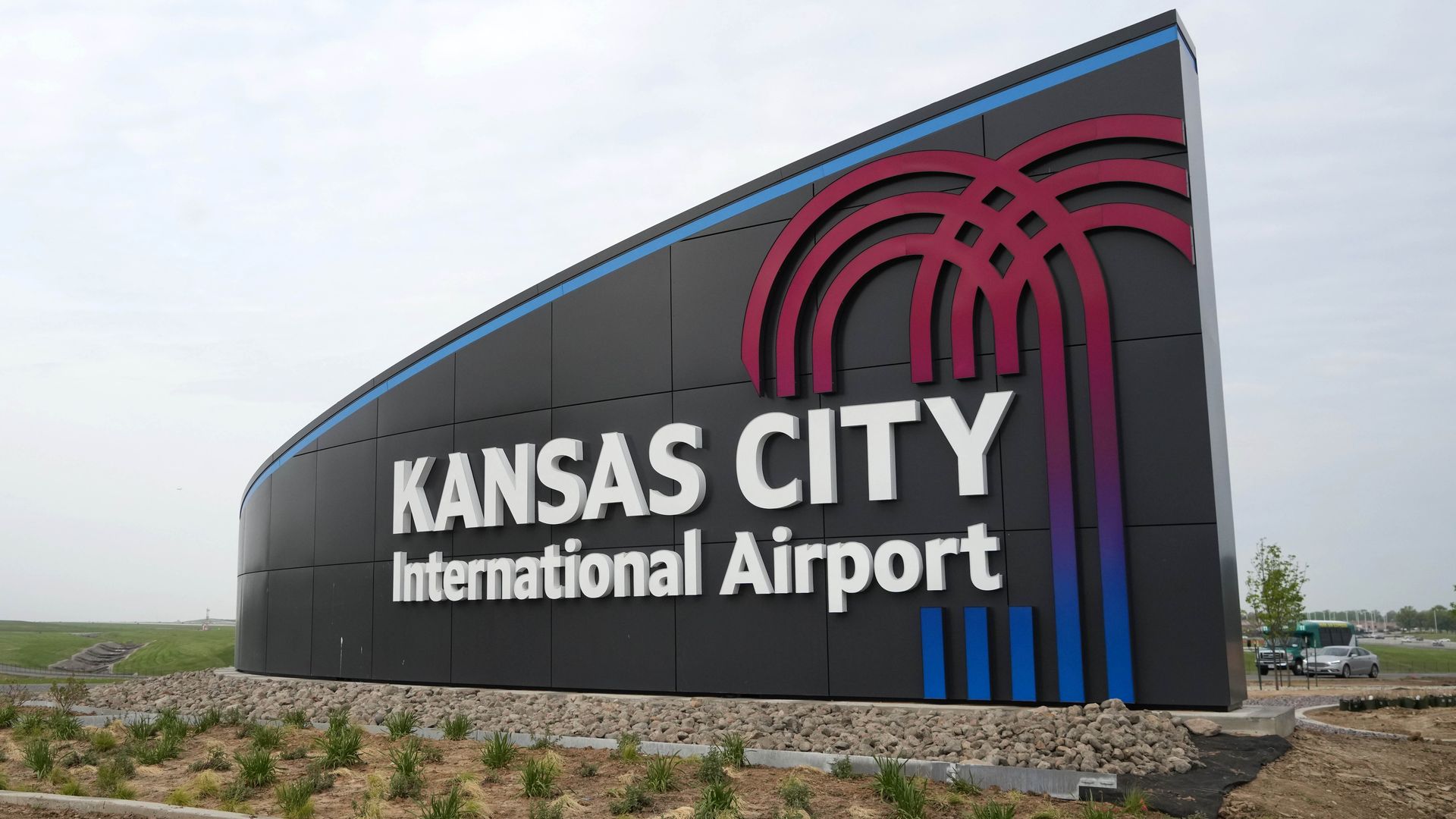 KANSAS CITY, MO - APRIL 28: A sign at the Kanas City International Airport (MCI) entrance on April 28, 2023 in Kansas City, Missouri. 