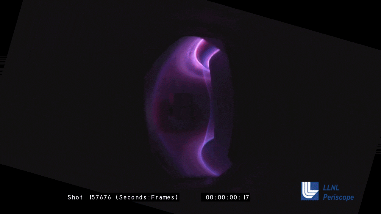 Dark abstract scene with a glowing purple, curved ring and flowing neon purple light in the center; a black background and a blue LLNL Periscope logo in the bottom-right.