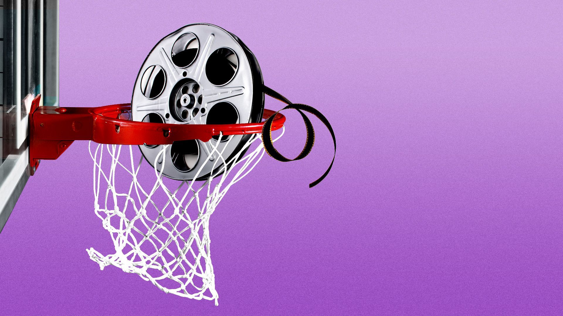 Illustration of a film reel dunking into a basketball net