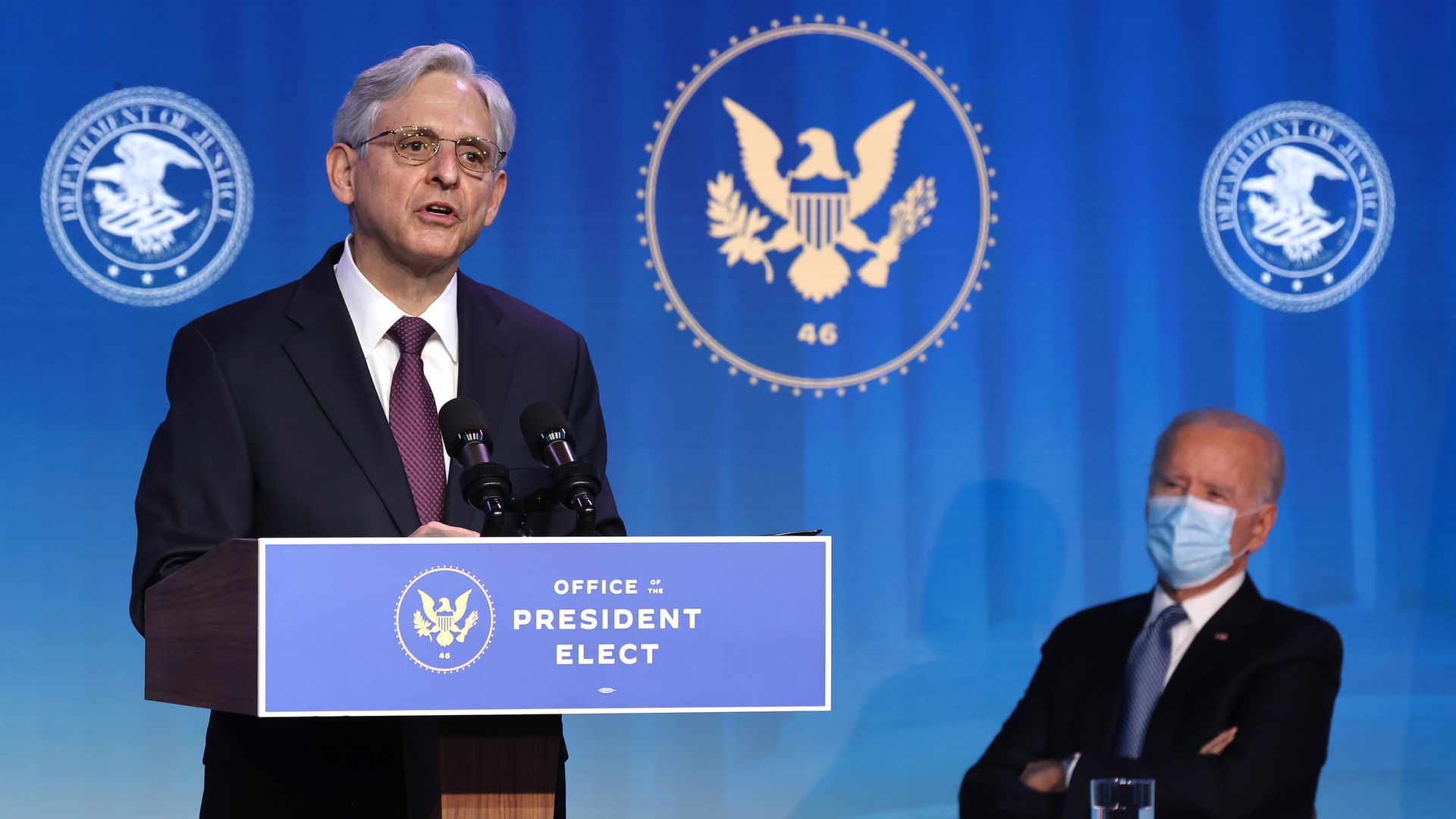 Joe Biden looks on as attorney general-designate Merrick Garland speaks today in Delaware.