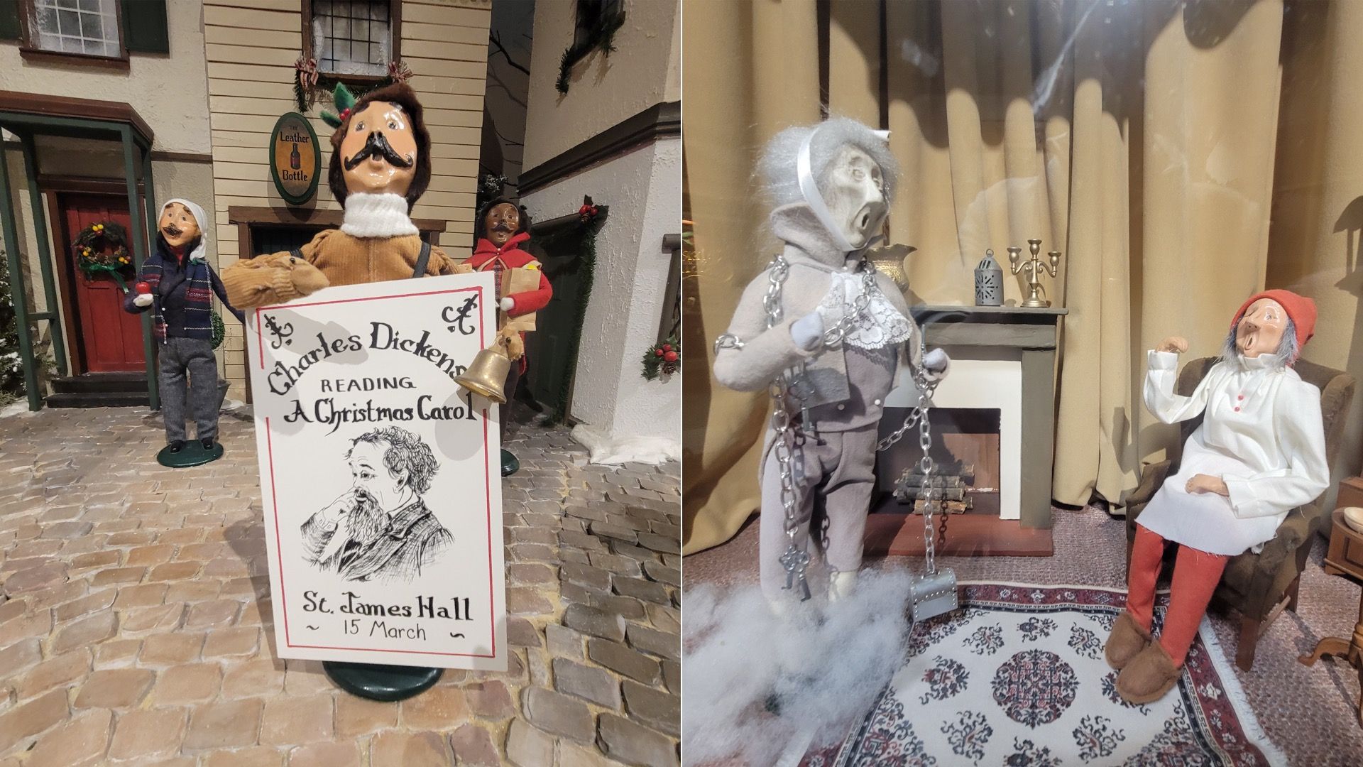 Byers' Choice caroler figurines inspired by Charles Dickens' "A Christmas Carol," including a recreation of Marley’s ghost visiting Scrooge.