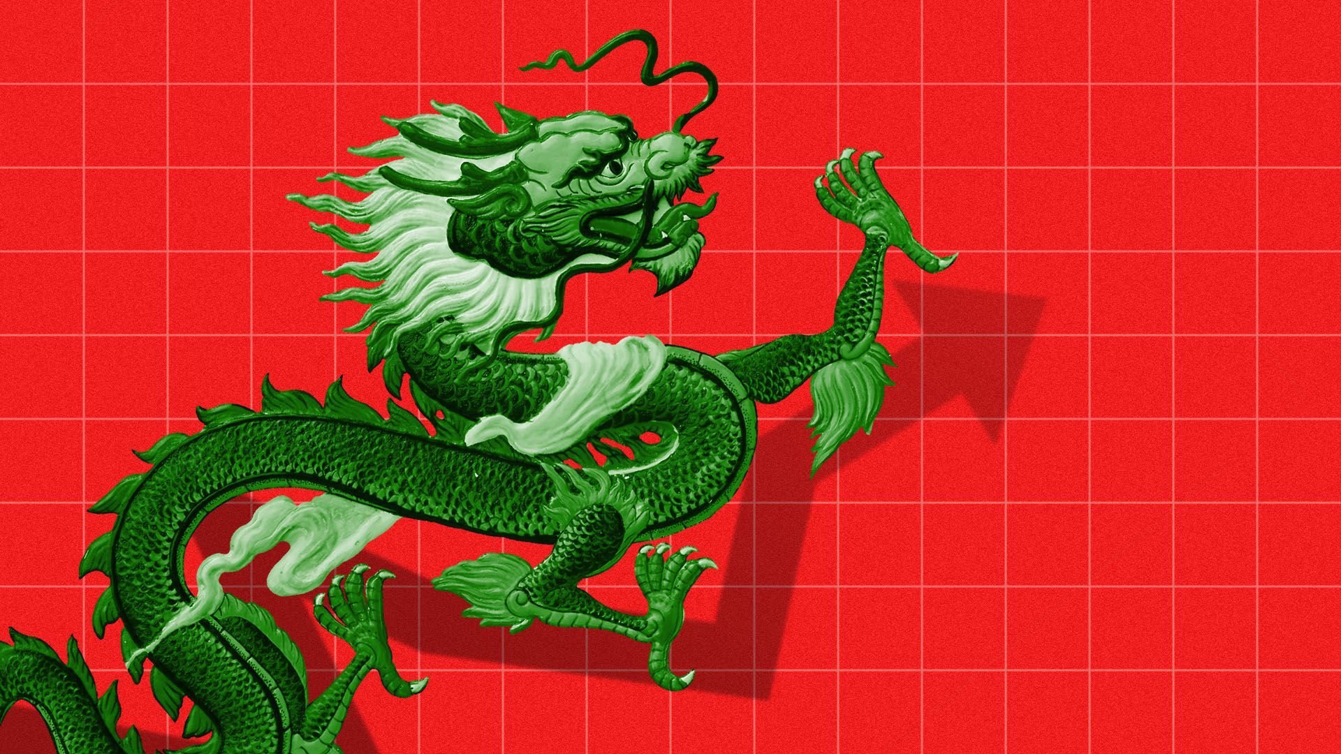 Illustration of a Chinese-style dragon casting an upward-trending shadow on a financial chart