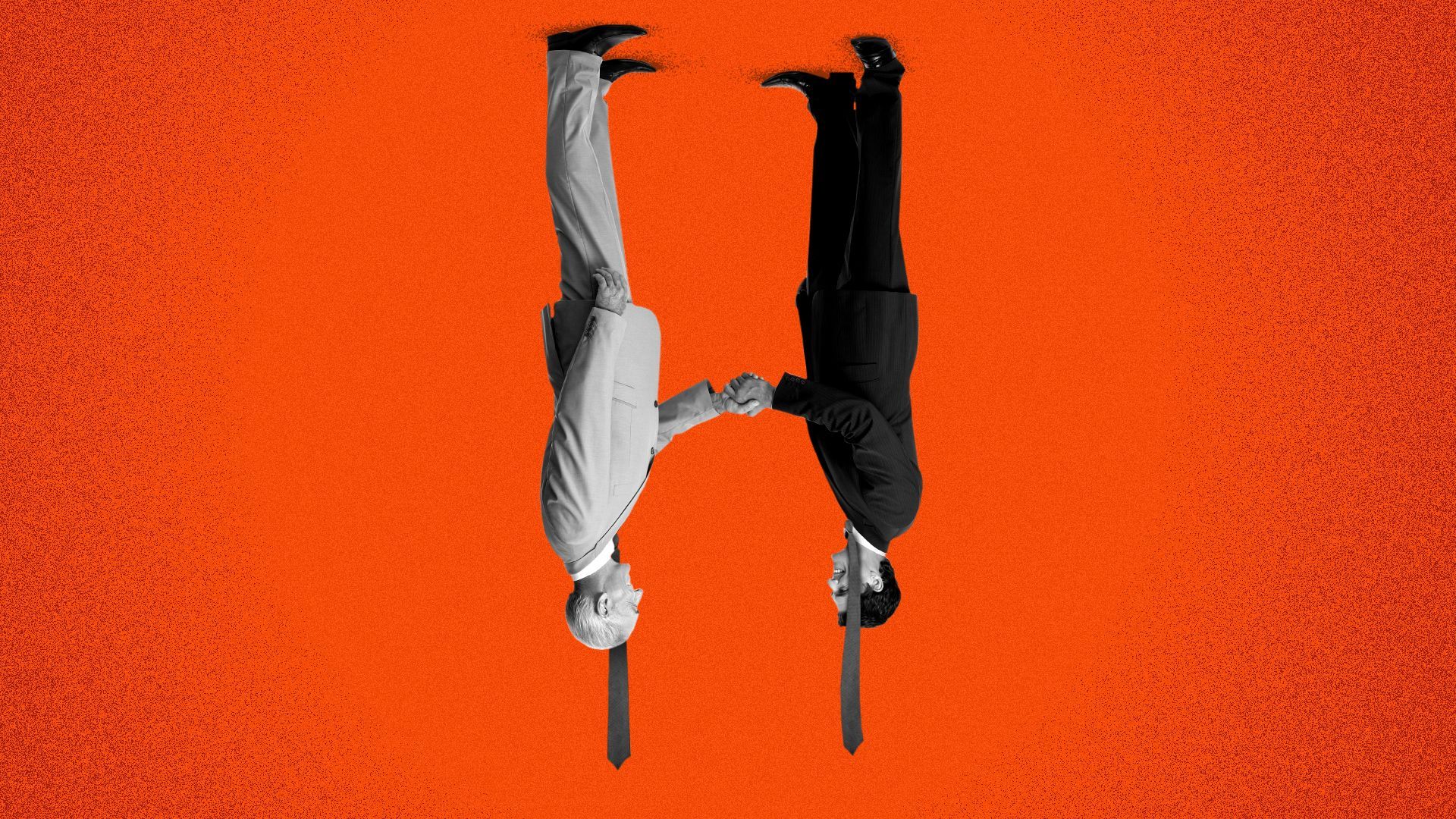 Illustration of two people shaking hands upside down. Their ties are hanging from gravity. 