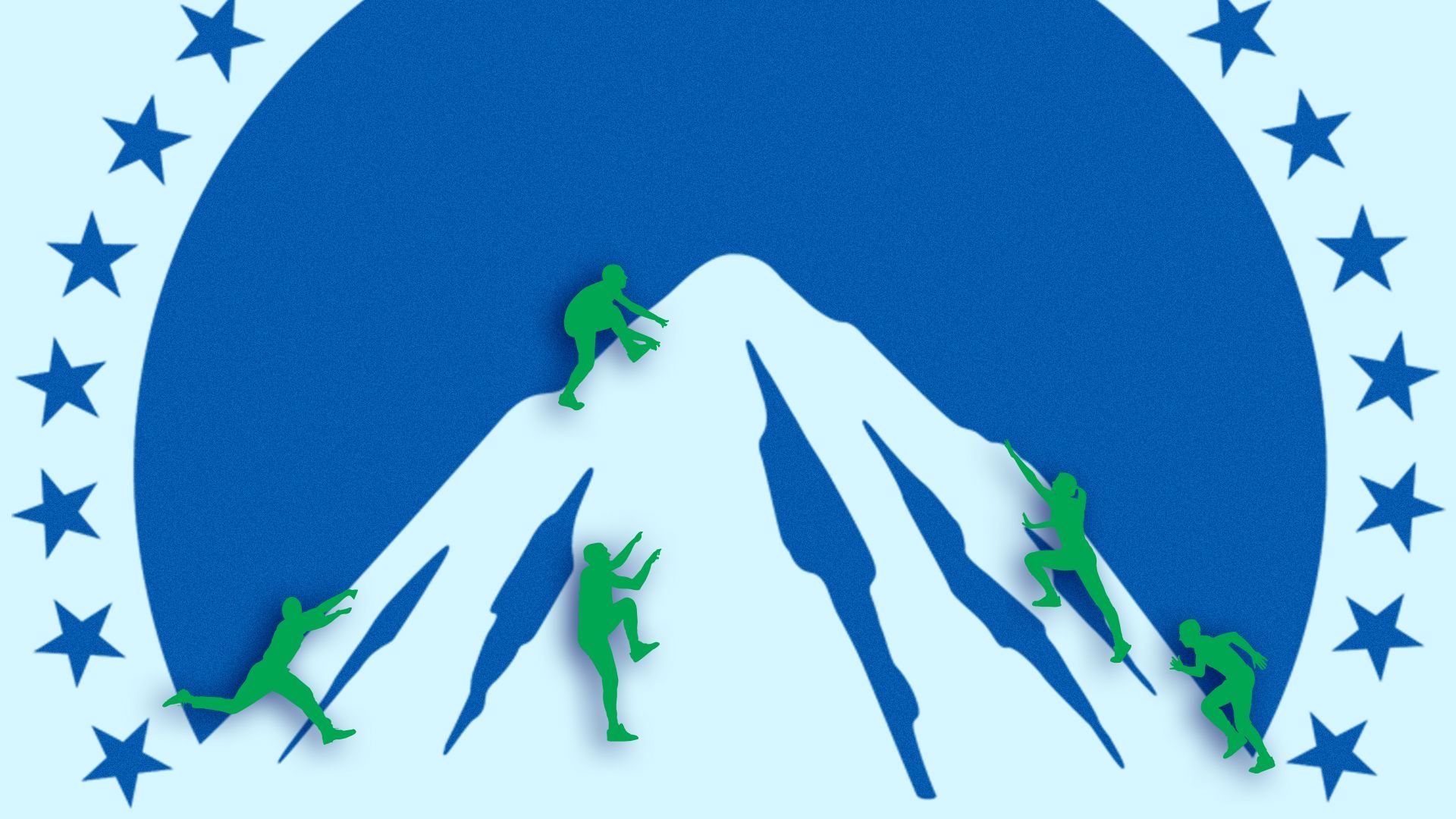 Illustration of silhouetted figures climbing the mountain in the Paramount logo.