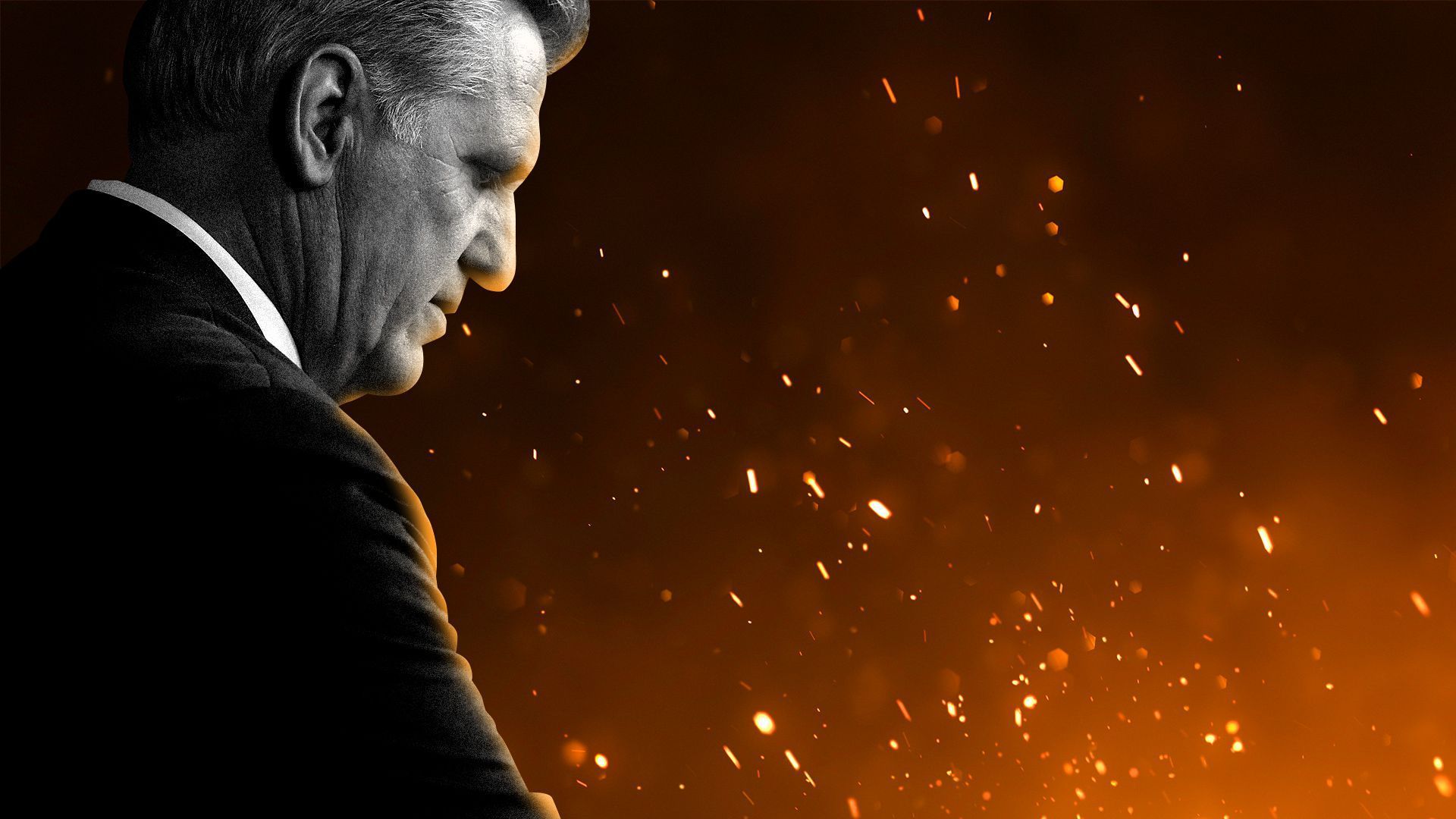 A photo illustration of Kevin McCarthy with embers around him