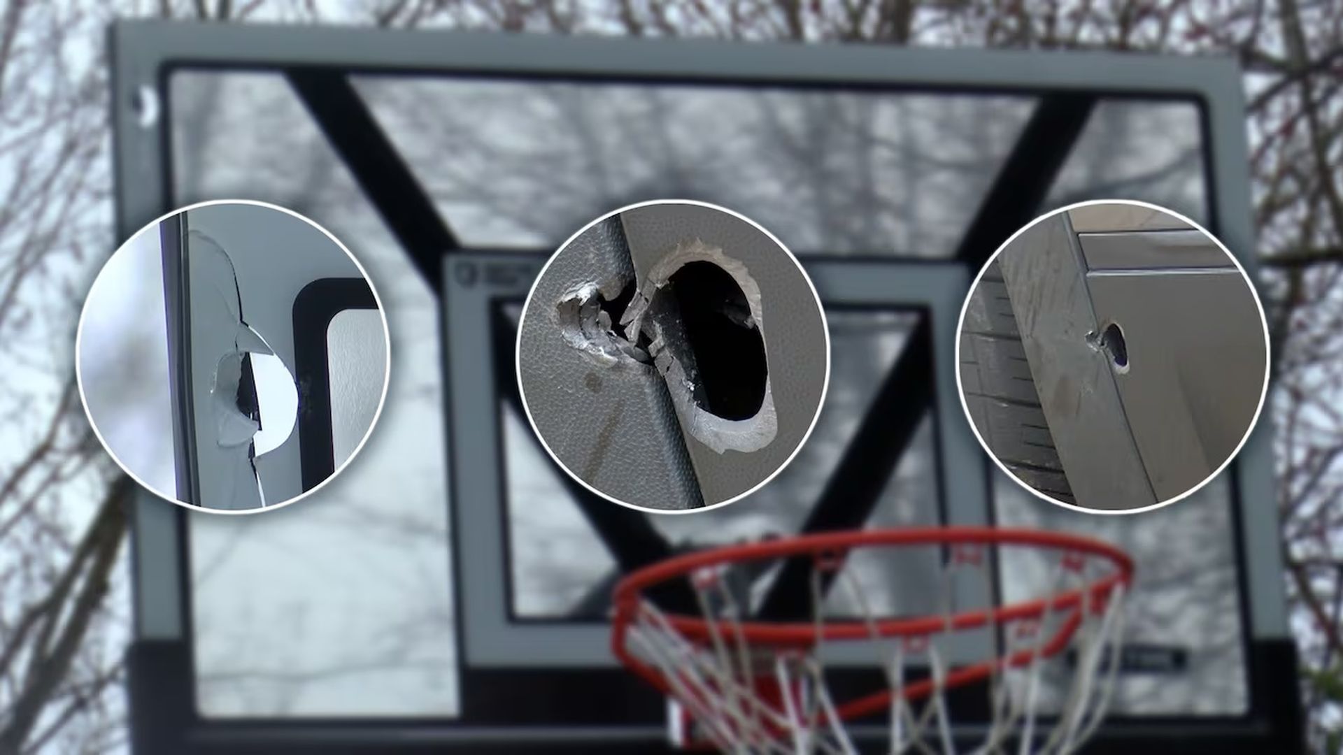 Basketball hoop with broken backboard and three close-ups showing different bullet holes in the backboard and rim support, outdoors with leafless trees in the background.