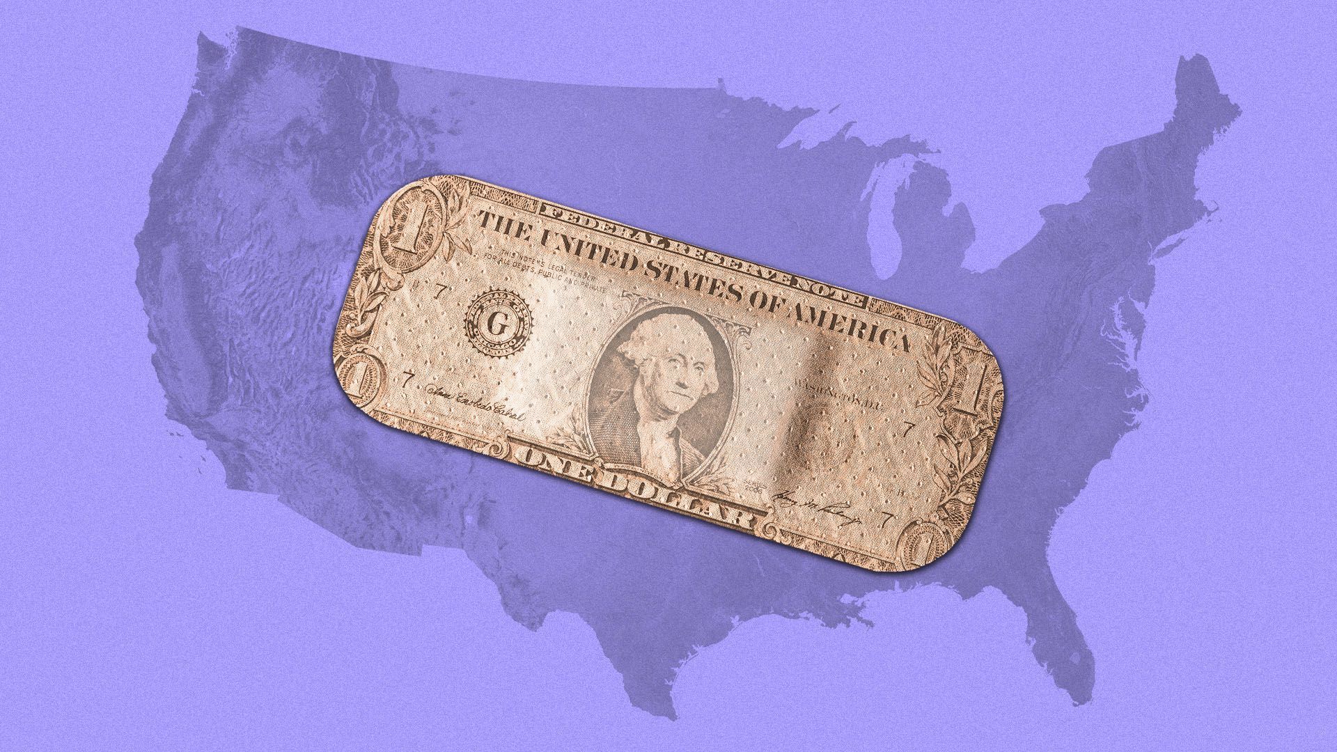 Illustration of the United States with a bandaid with a dollar bill overlay on it