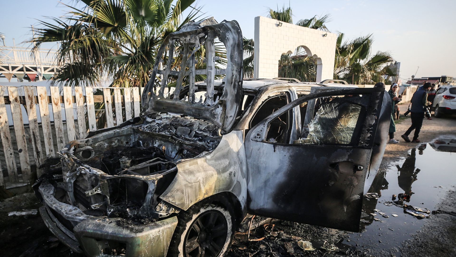 A view of damaged vehicle carrying World Central Kitchen workers in Deir al-Balah, Gaza on April 2