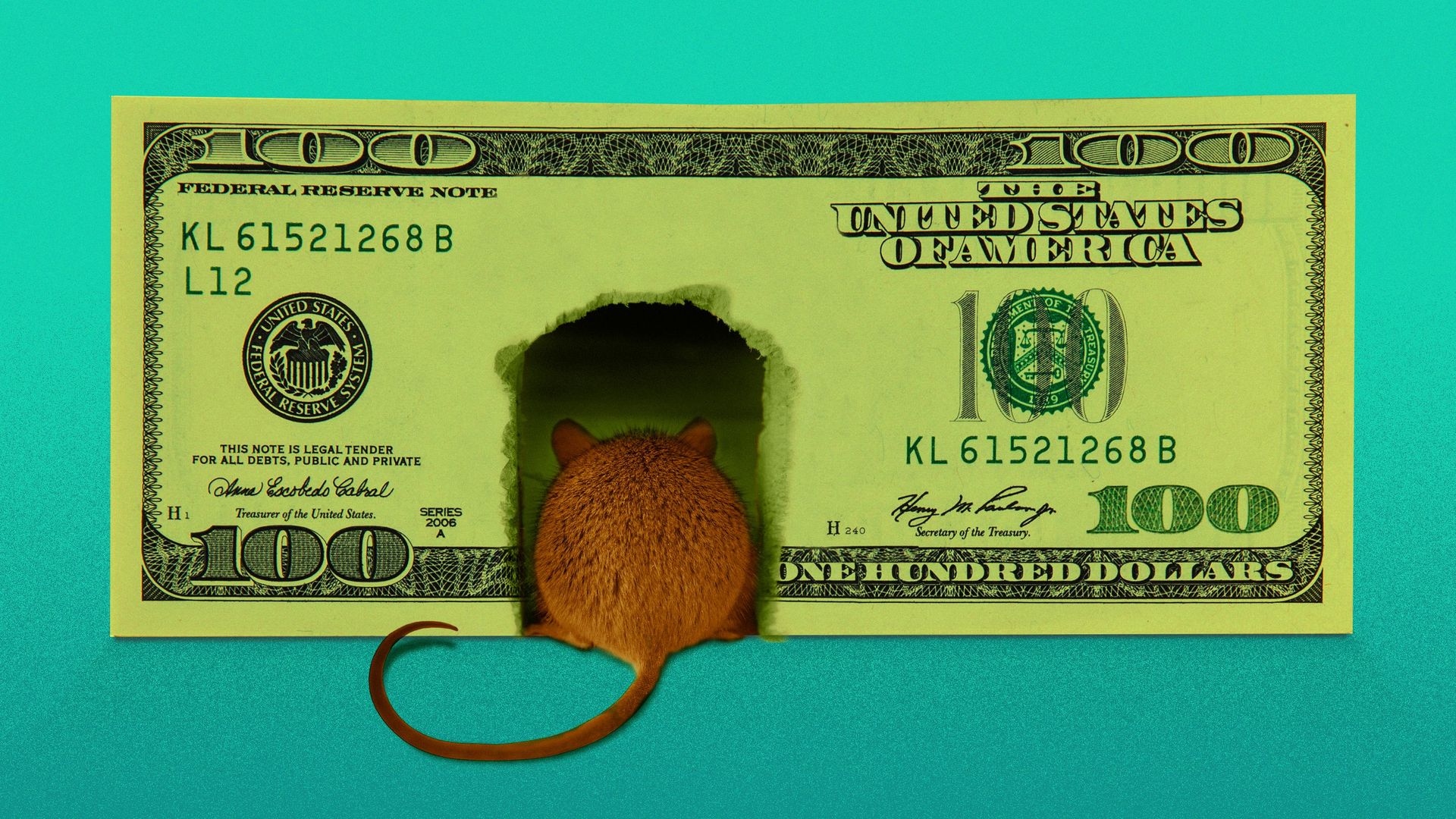 Illustration of a 100 dollar bill with a mouse hole in it. 