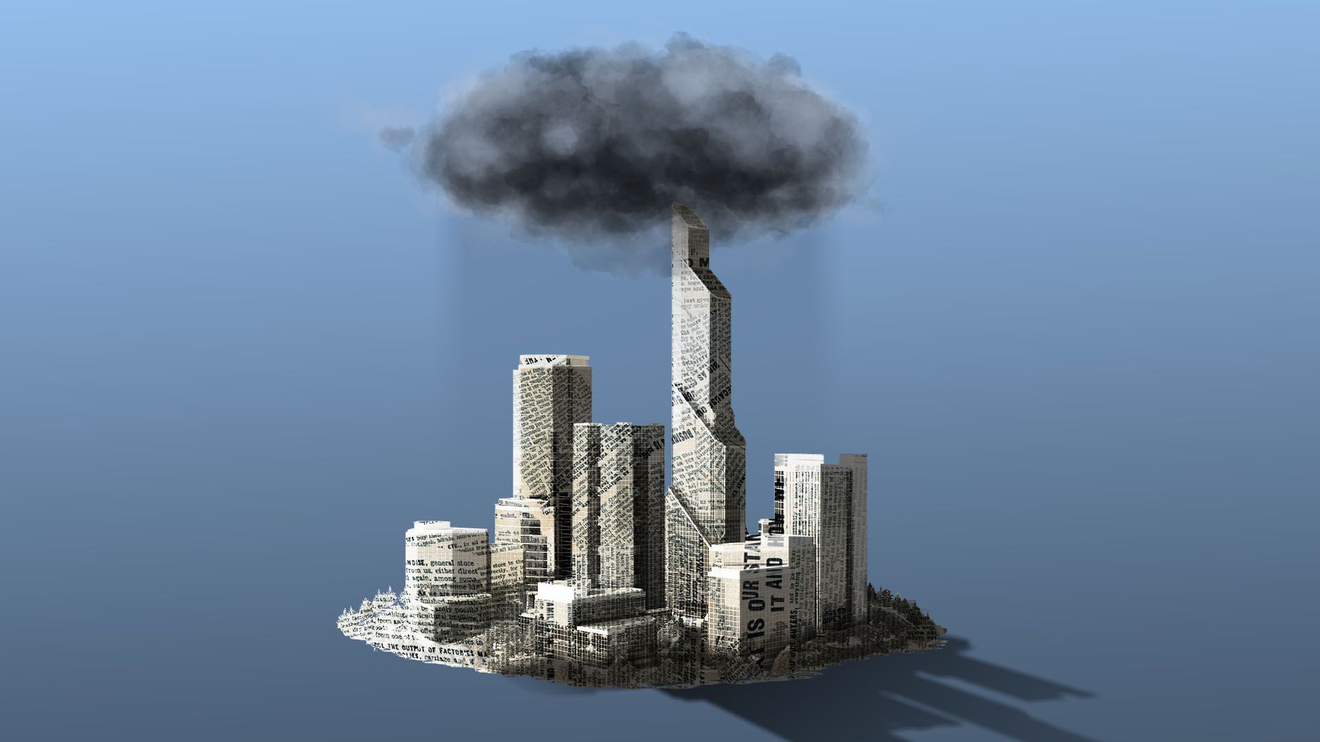 Illustration of a newspaper city with a stormcloud overhead