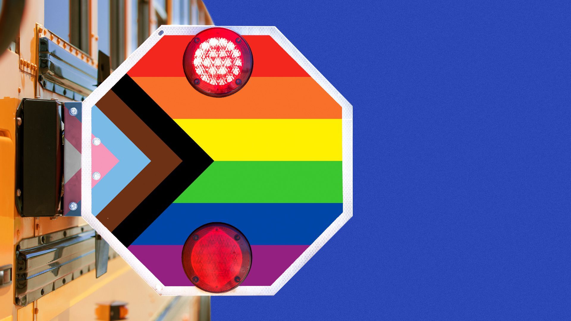 Illustration of a school bus with an activated stop sign showing a pride flag.