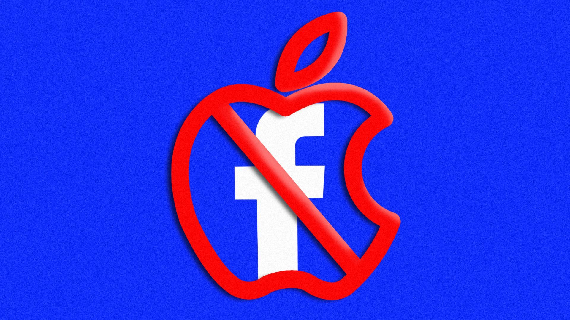 Illustration of the apple logo as a "no" sign over the facebook logo