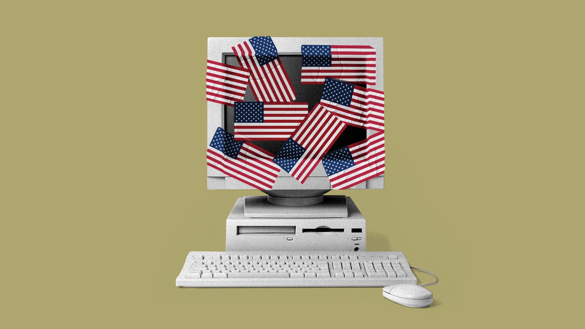 Illustration of a desktop computer with the screen covered in American flag stickers.  
