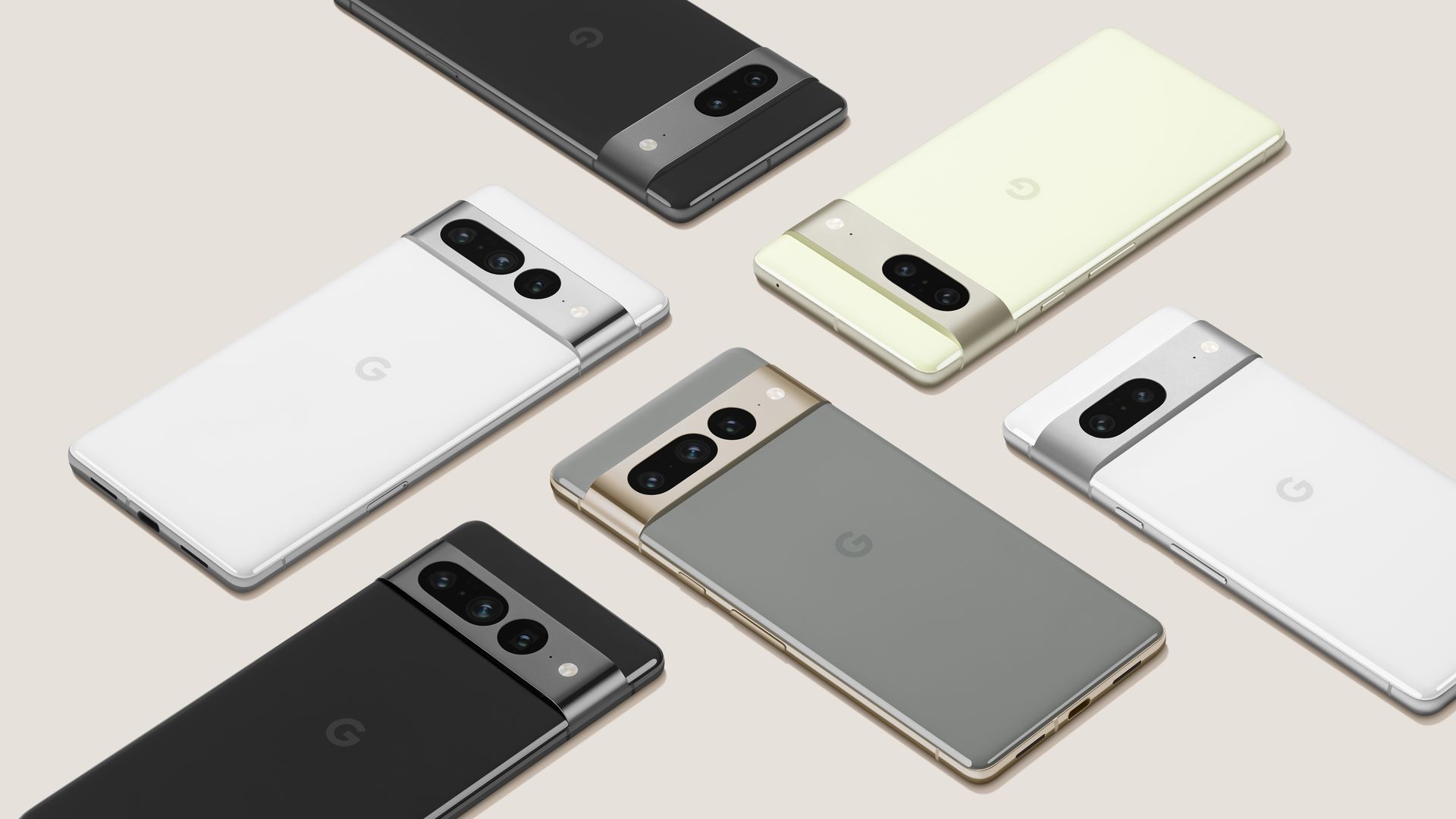 Google's Pixel 7 and Pixel 7 Pro in various colors.