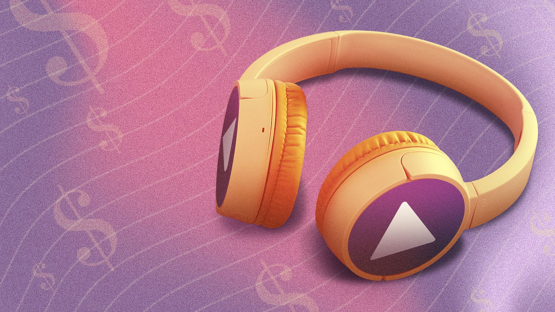 Illustration of a pair of headphones with a "play" button on them and dollar signs in the background