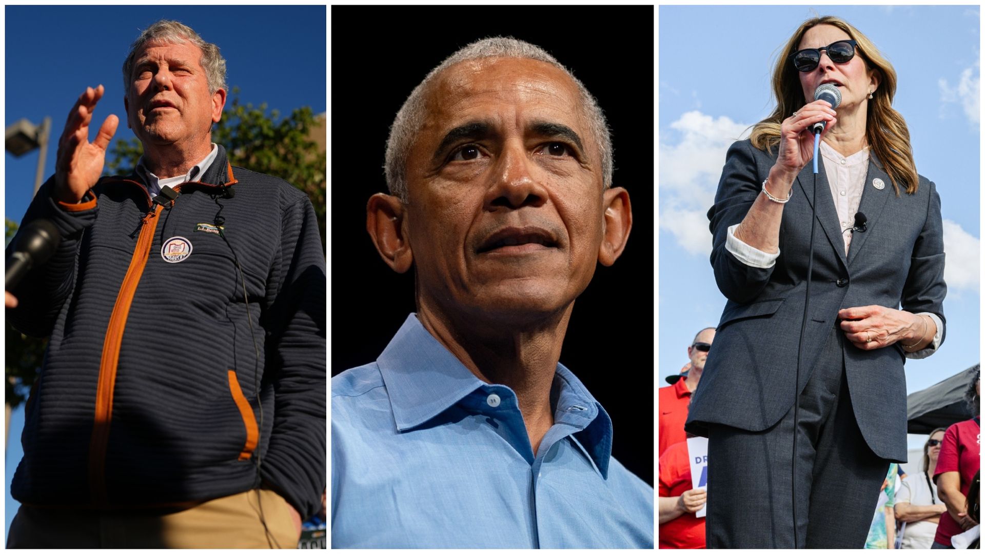 Triptych of three outdoor speakers: left an older man in a navy jacket; center a close-up of a man with gray hair in a light blue shirt; right a woman in a gray suit with sunglasses speaking into a microphone.
