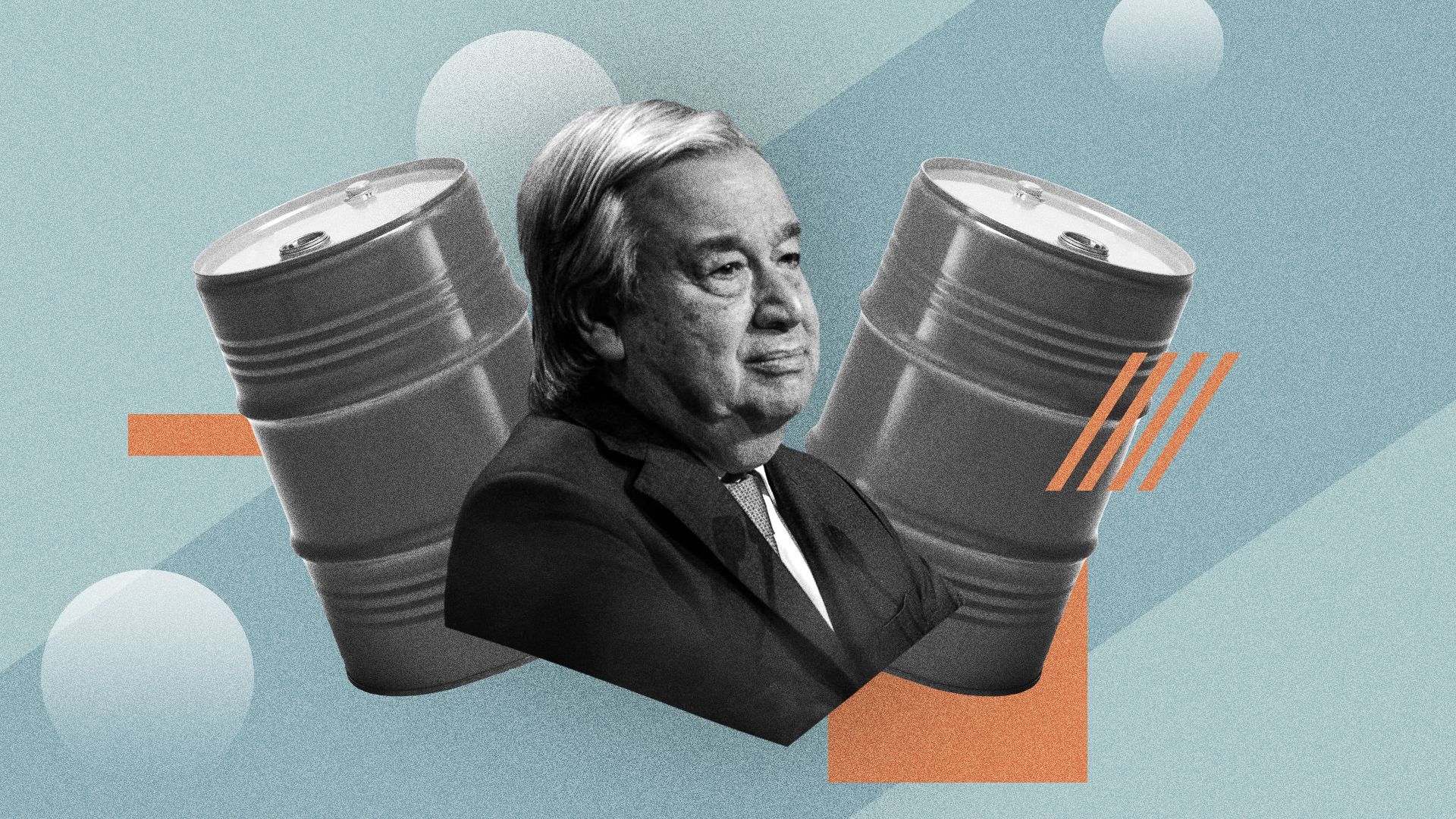 Photo illustration of UN Secretary General Antonio Guterres beside oil barrels with shapes in the background.