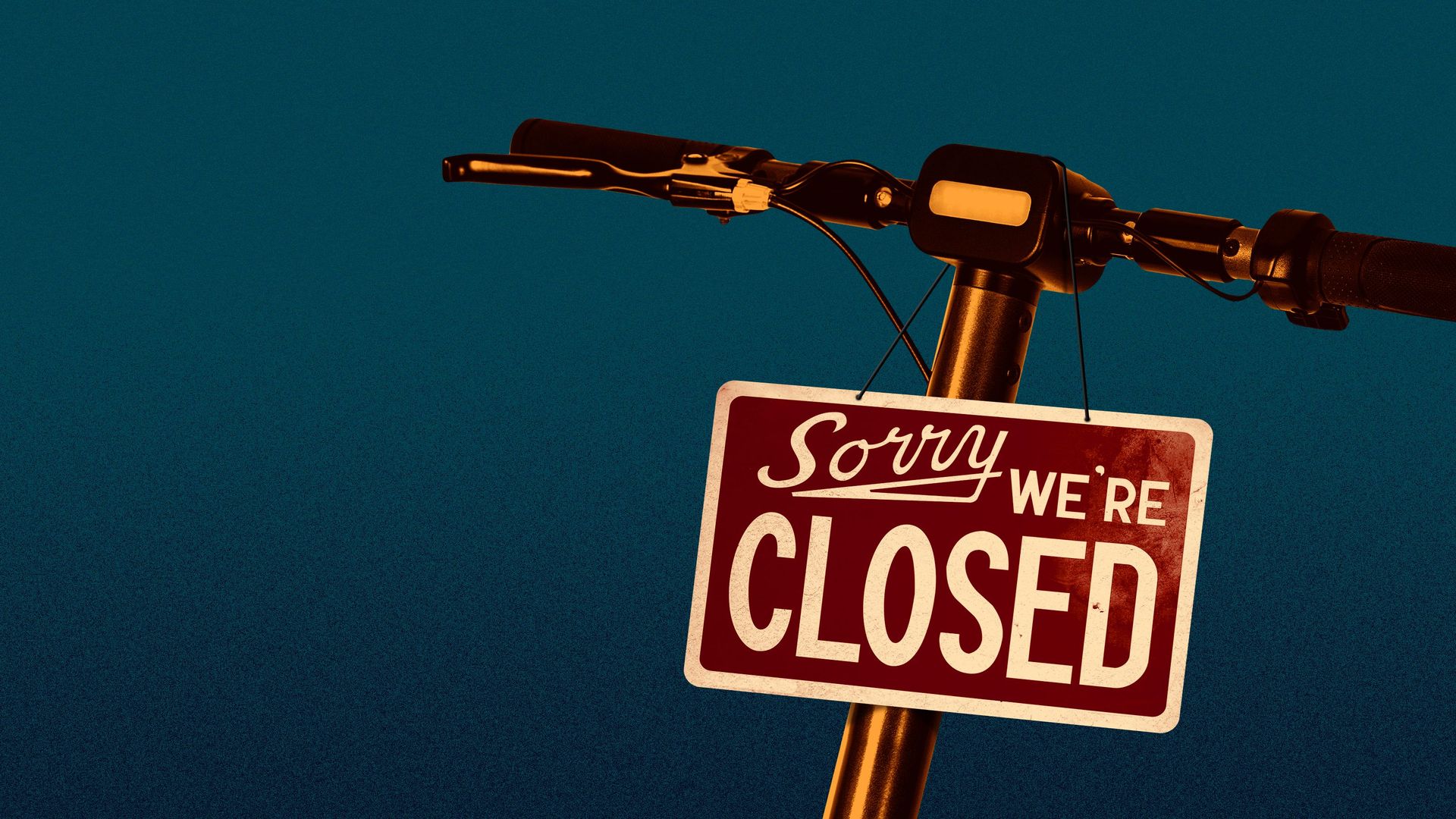 Illustration of an electric scooter with a "Sorry, we're closed" sign hanging from the handlebars.