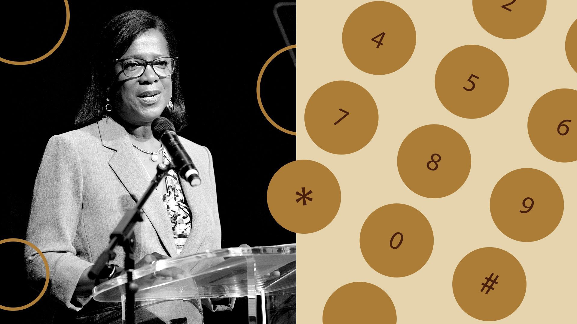 Photo illustration of Miriam Delphon-Rittman next to graphic circles resembling a telephone keypad. 