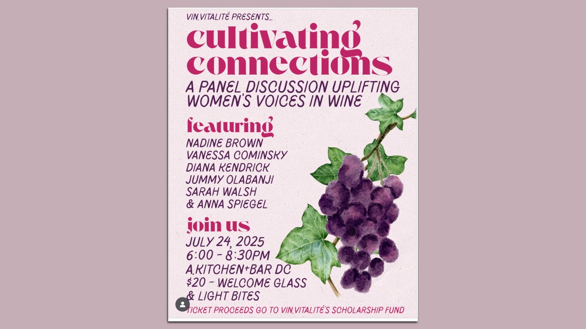A wine event with a grape advertising against a purple background