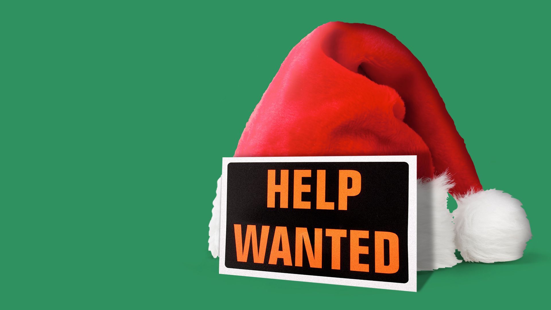 Illustration of a HELP WANTED sign leaning against a Santa hat. 