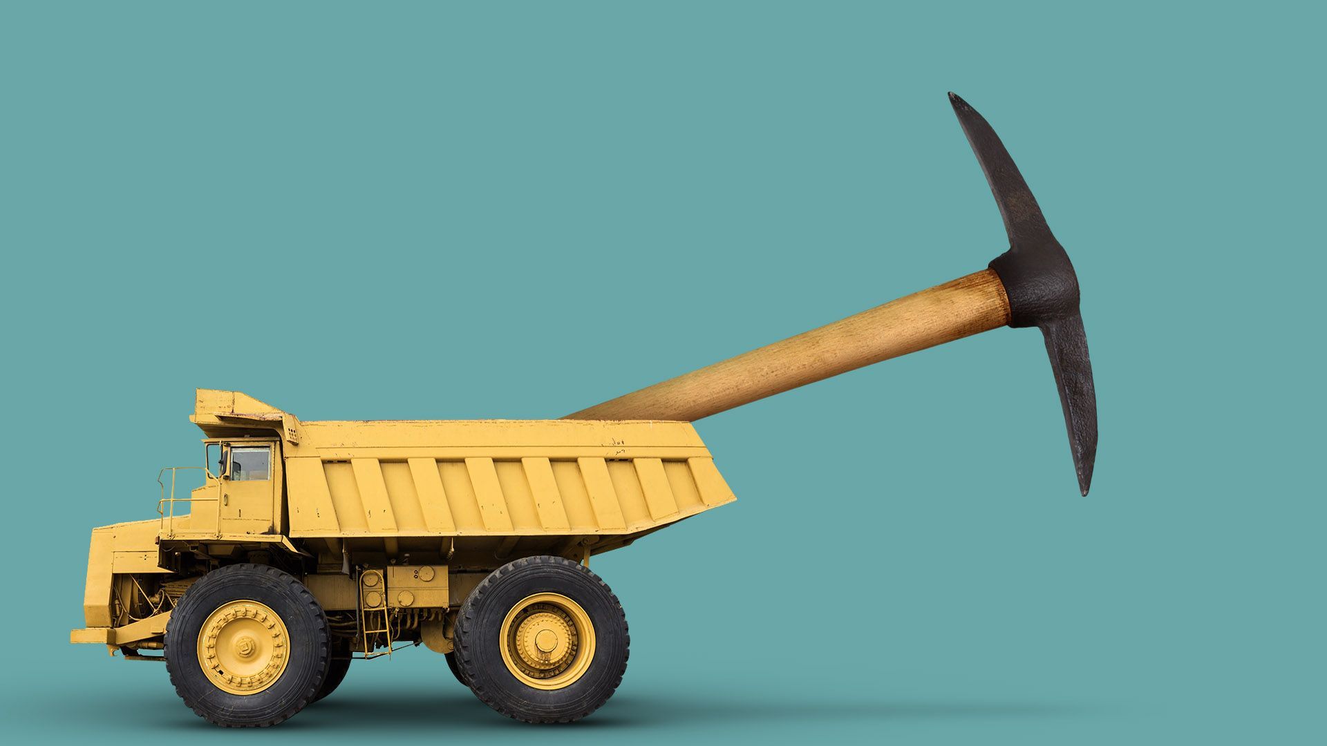 Illustration of a dump truck carrying an enormous pickaxe