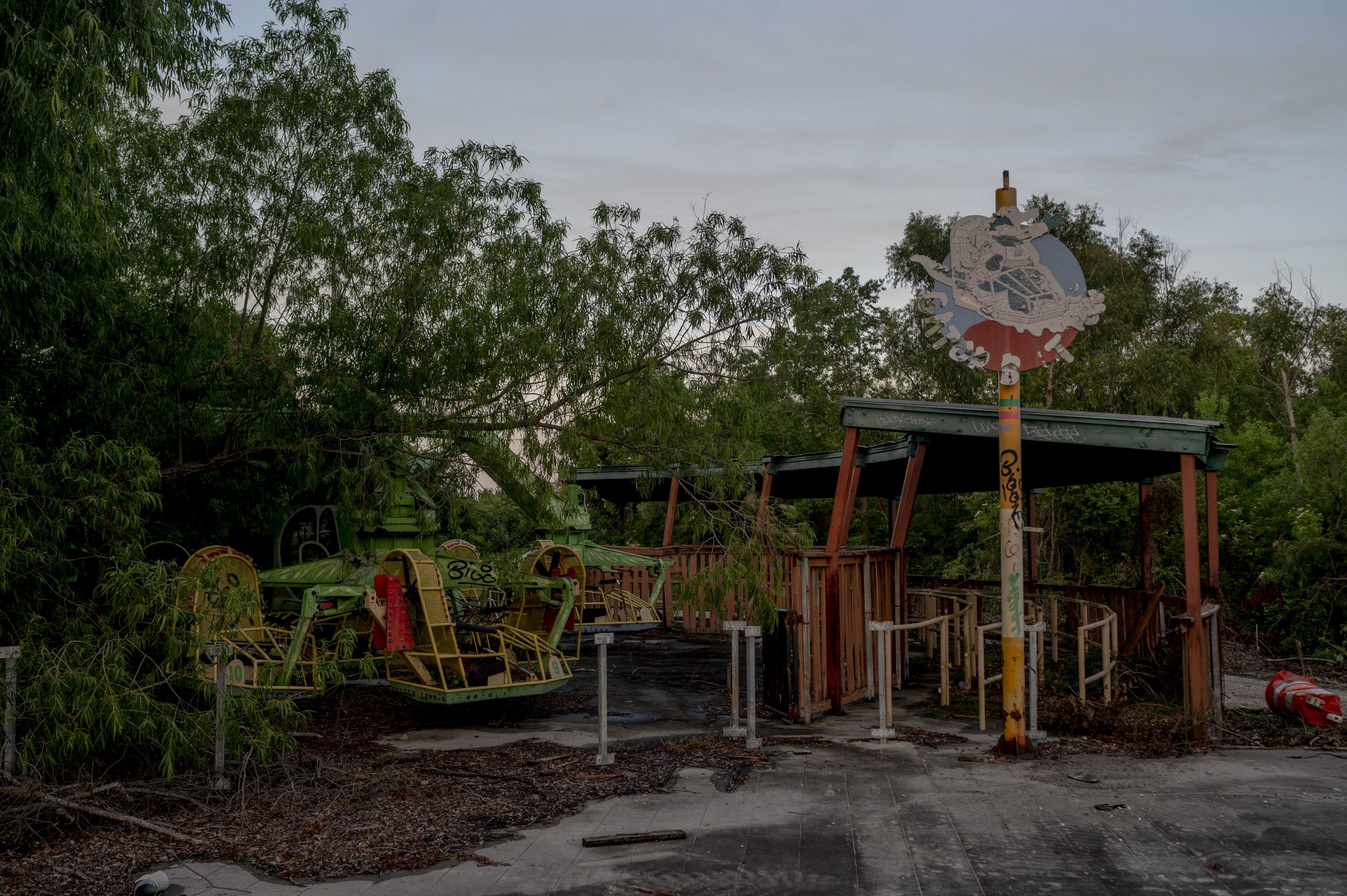 Photo shows blighted rides at Six Flags in New Orleans.