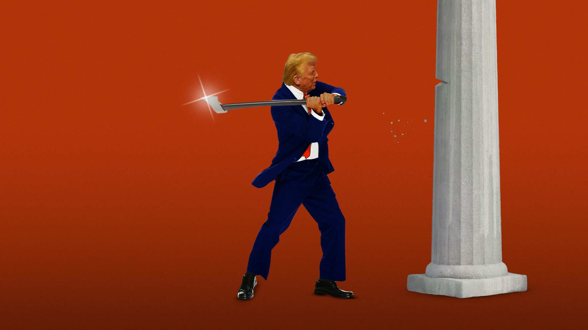 Photo illustration of President Donald Trump chopping down a column. 