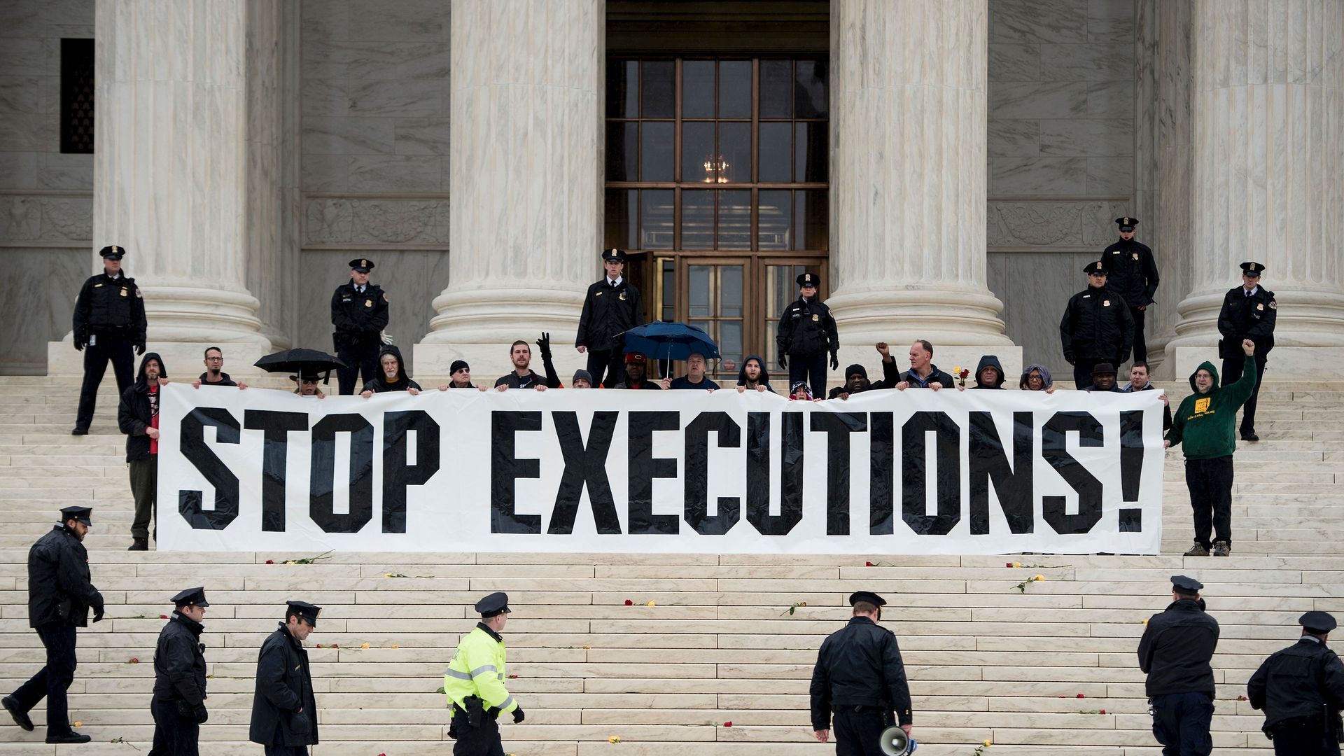 Stop execution sign on the steps of the Supreme Court