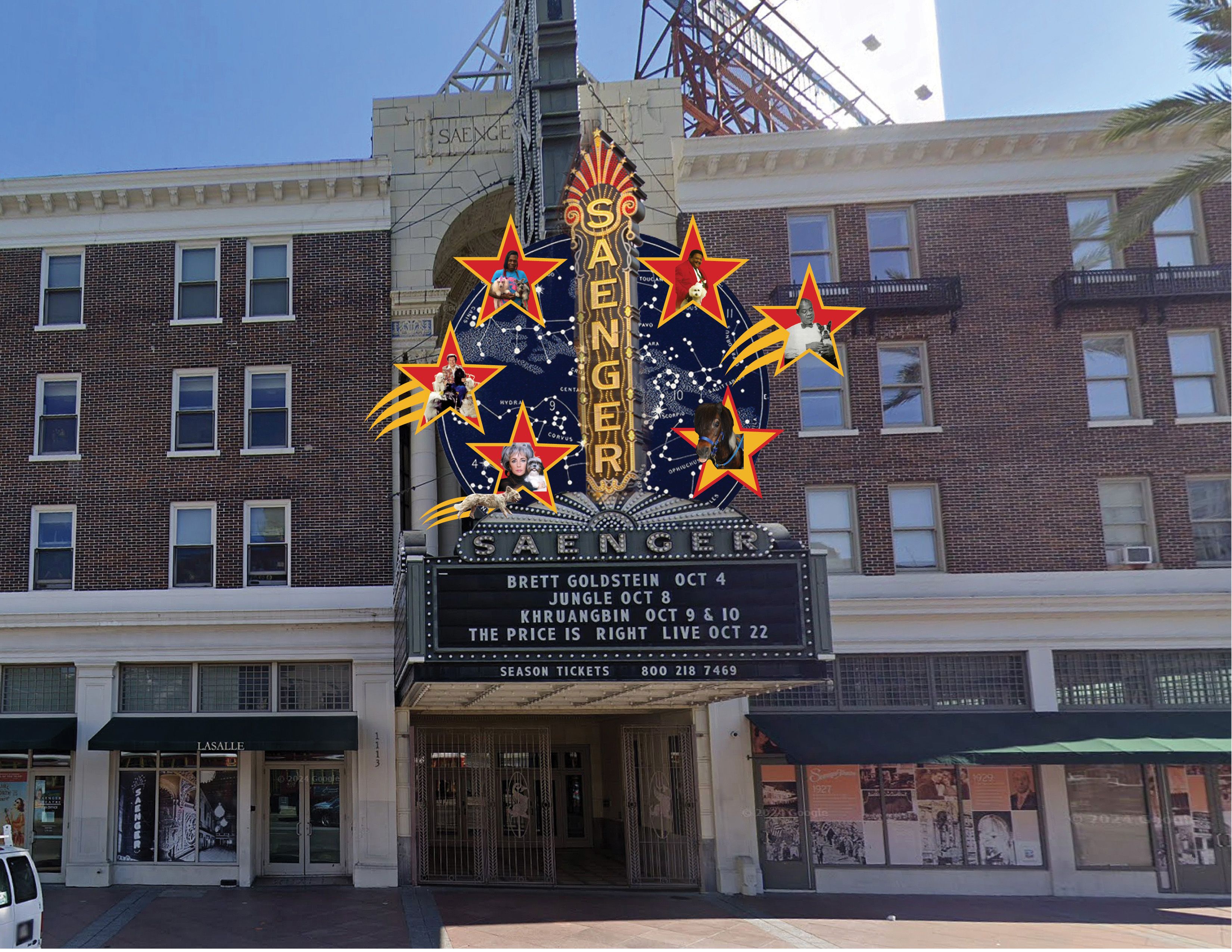 An artistic rendering of the Saenger Theatre with shooting stars around the facade.