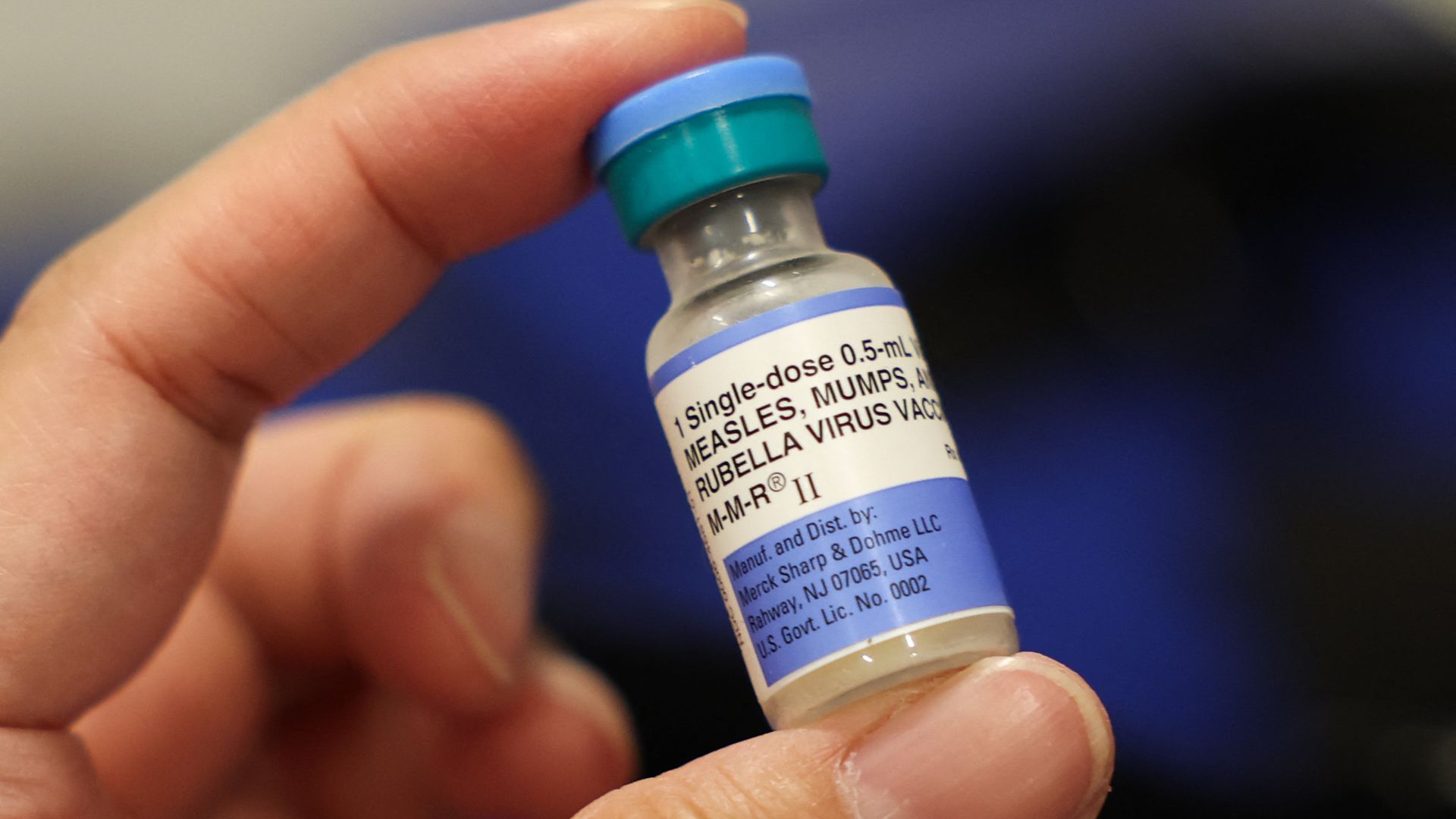 A vial of the Measles, Mumps, and Rubella (MMR) vaccination for children is displayed during an immunization event at the L.A. Care and Blue Shield of California Promise Health Plan Community Resource Center in the Panorama City neighborhood of Los Angeles, California, on October 24, 2025. (Photo by