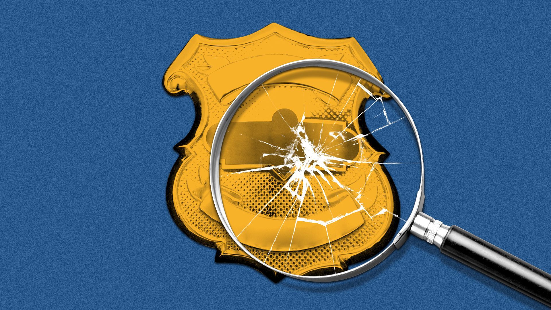 Illustration of a cracked magnifying glass over a police badge.