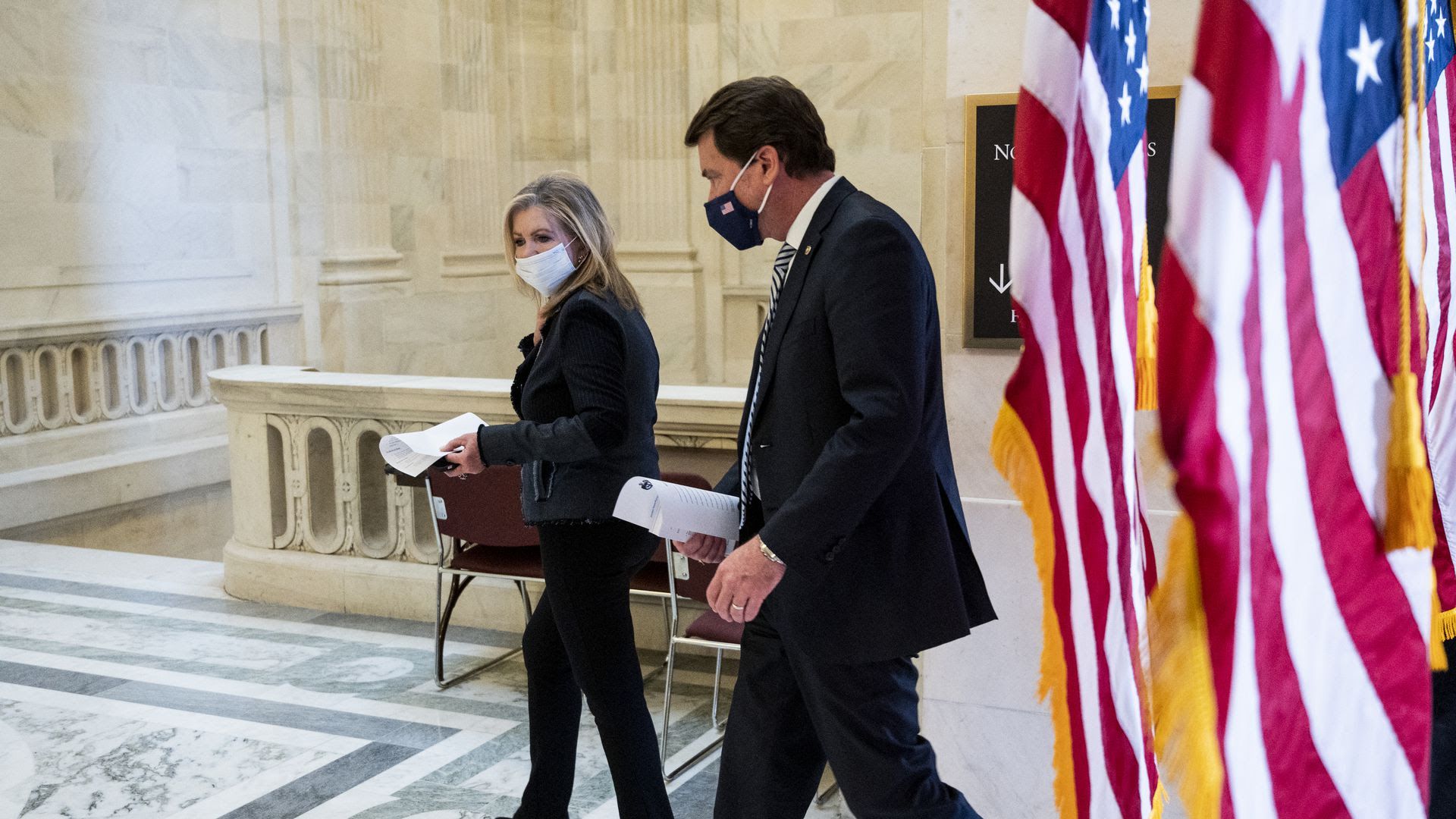 Sens. Marsha Blackburn and Bill Hagerty in February walking in Capital Hill.