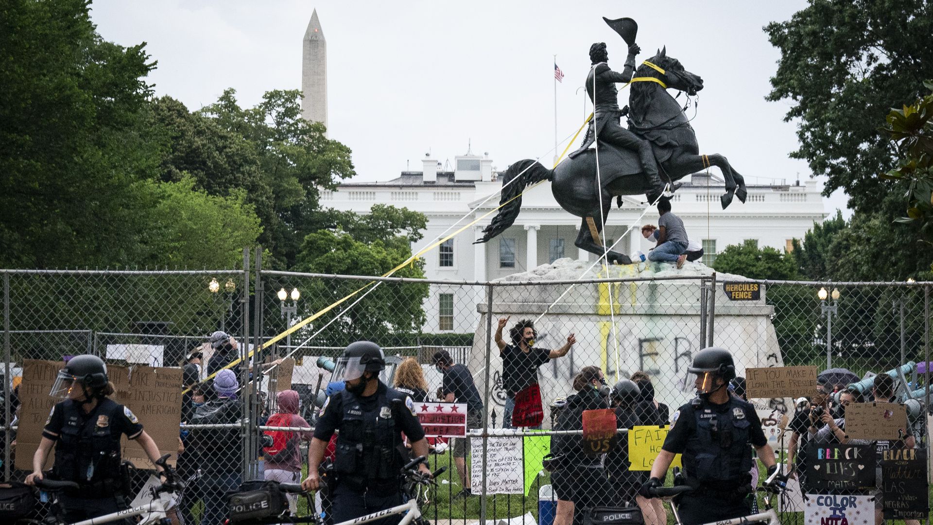 Protesters attempt to pull down the statue of Andrew Jackson in Lafayette Square near the White House on June 22