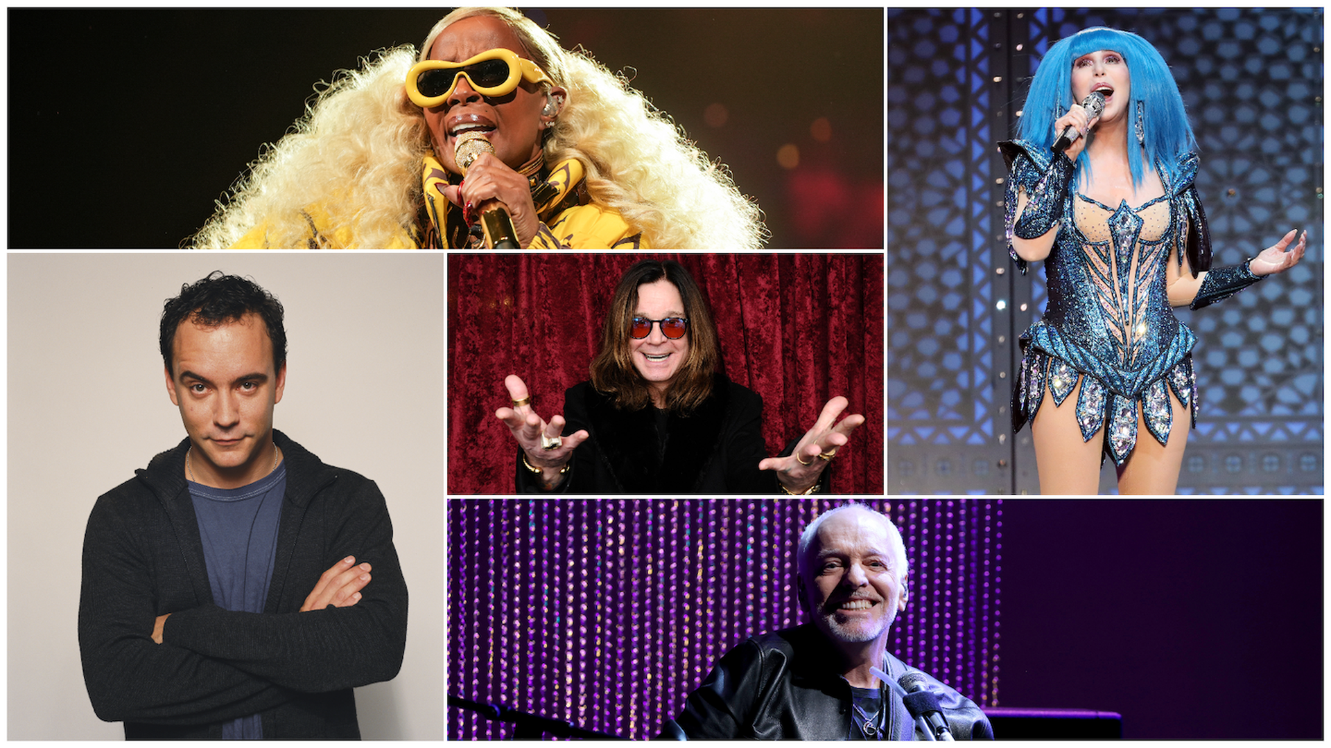 A collage featuring photos of Mary J. Blige, Dave Matthews, Ozzy Osbourne, Cher and Peter Frampton.