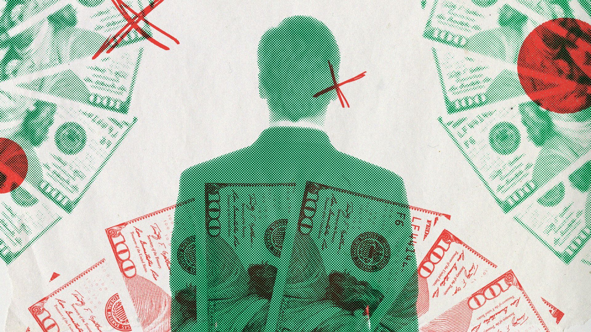 Illustration of a businessman with abstract shapes and money.
