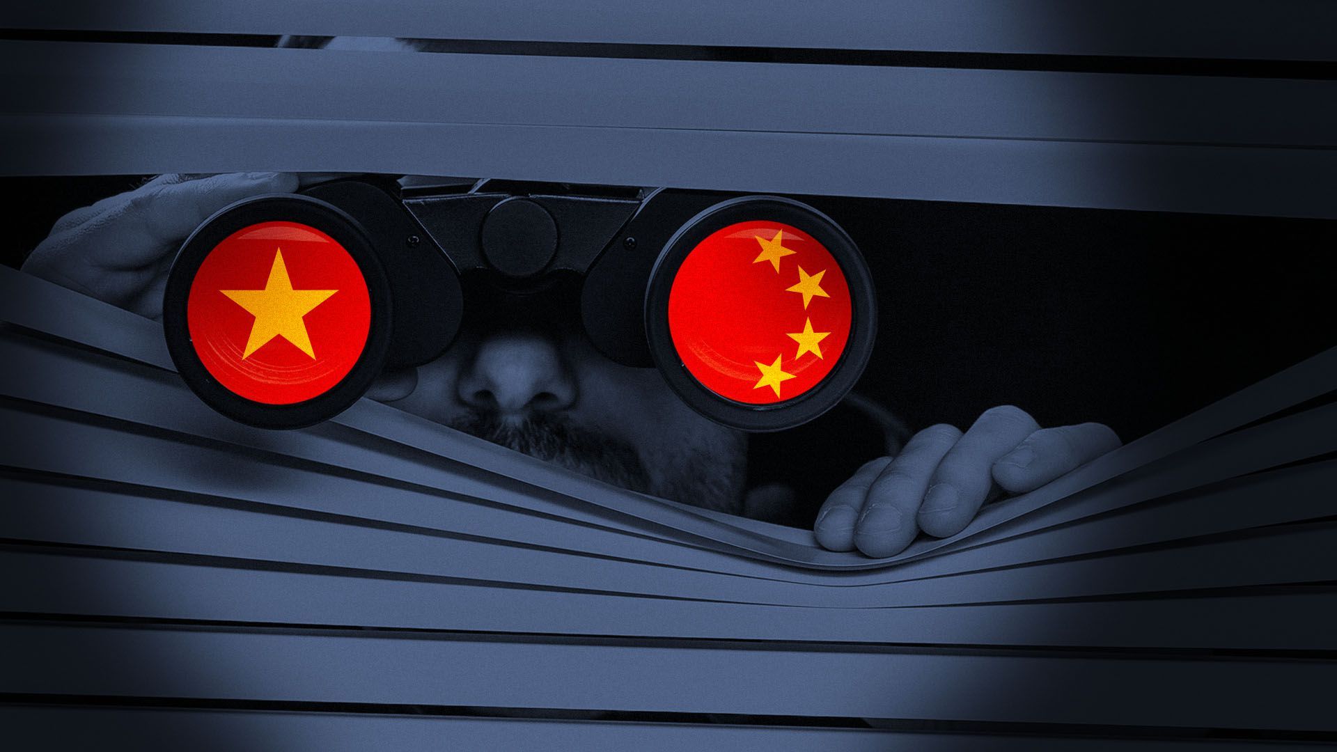 Illustration of an FBI agent looking through blinds on binoculars with the chinese flag overlaid on them