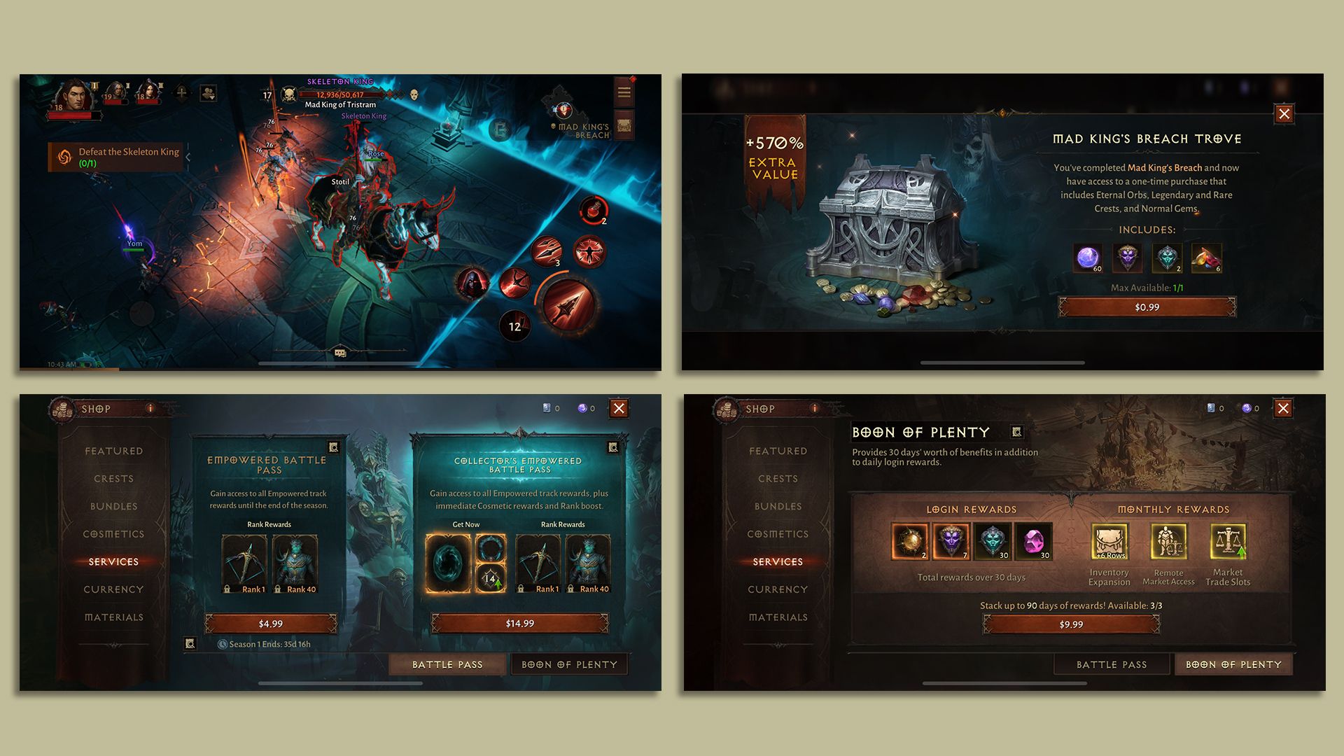 Four video game screenshots, one showing combat between magical warriors, the three others showing items being sold for real money