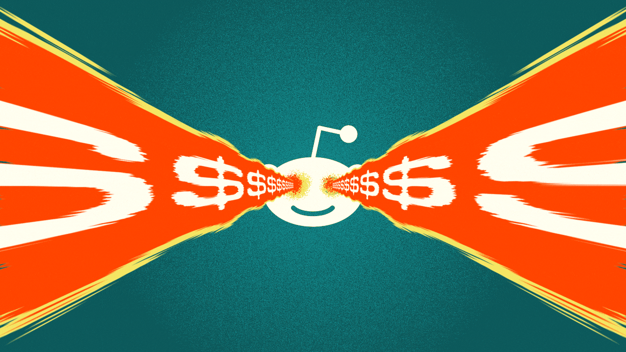 Animated illustration of the Reddit logo shooting lasers with dollar signs in them out of its eyes.