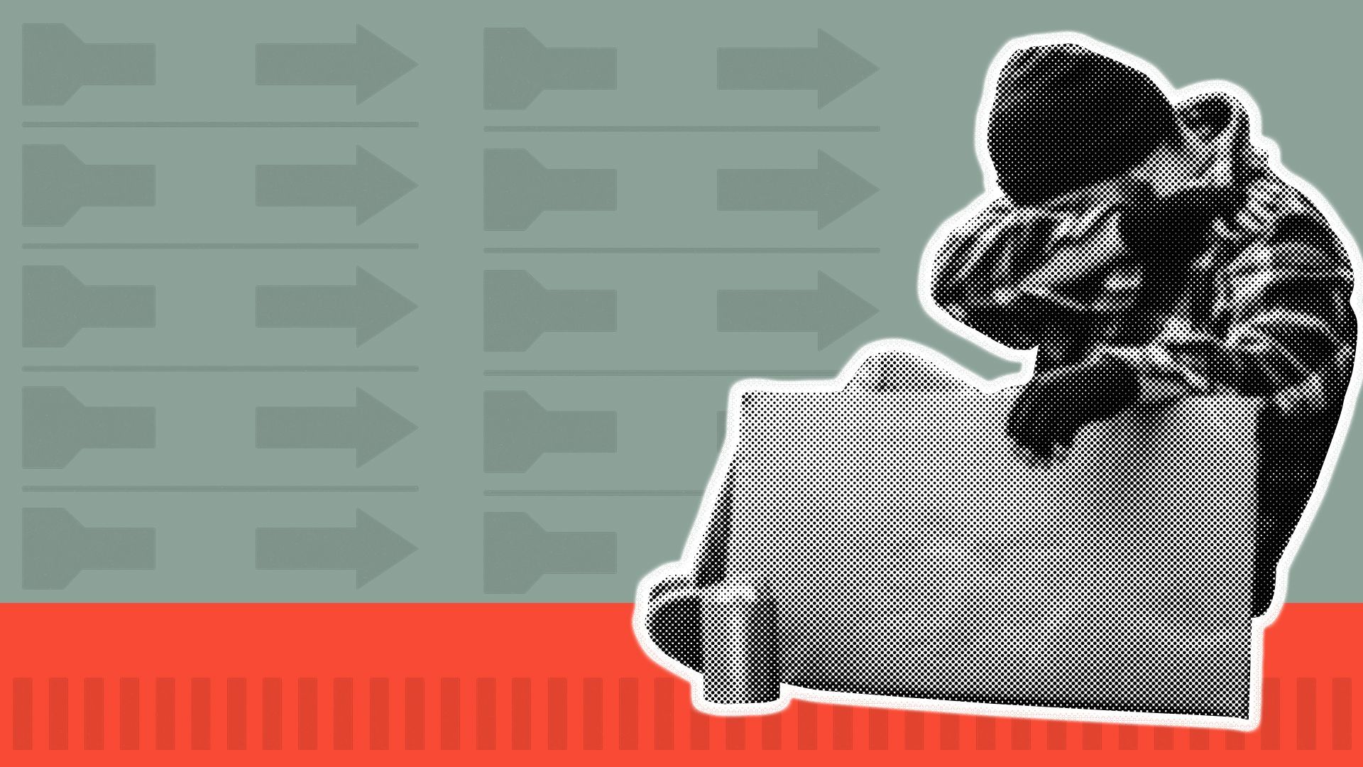 Illustration of homeless person holding a cardboard sign over a background with ballot elements.