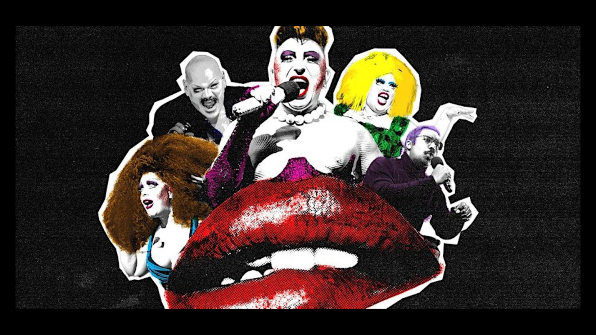 Graphic of drag queens performing and a red lip