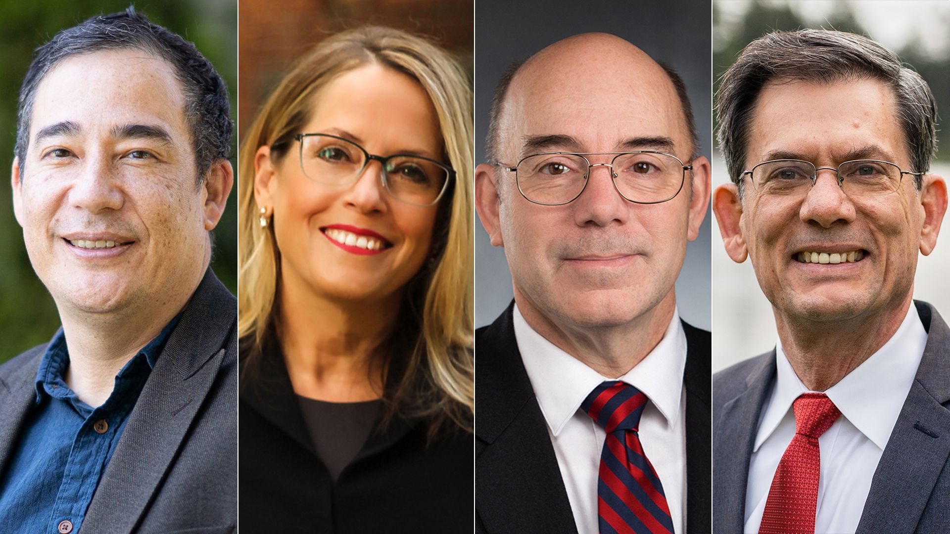 Four candidates are shown from left to right: one man, one woman, and two other men, all in suit jackets.